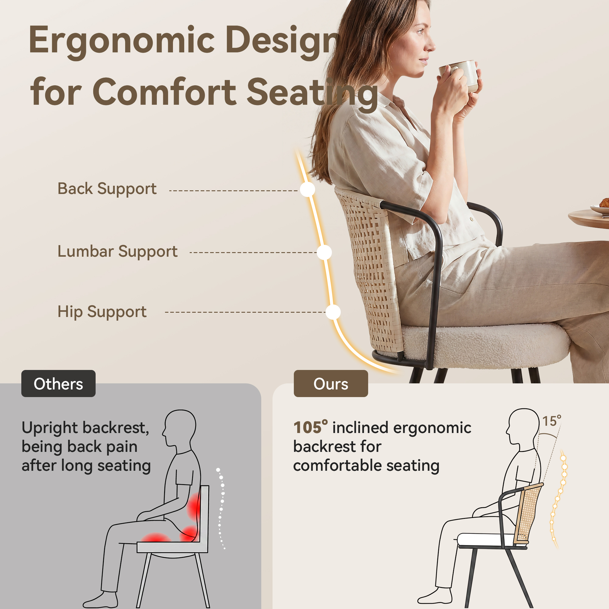 Sailvan Dining Chair Set, Accent Rattan Dining Room Chairs, Modern Kitchen Chairs with Lamb Fleece Cushion, Mid Century Style Living Room Chairs, Easy Assembly, Beige
