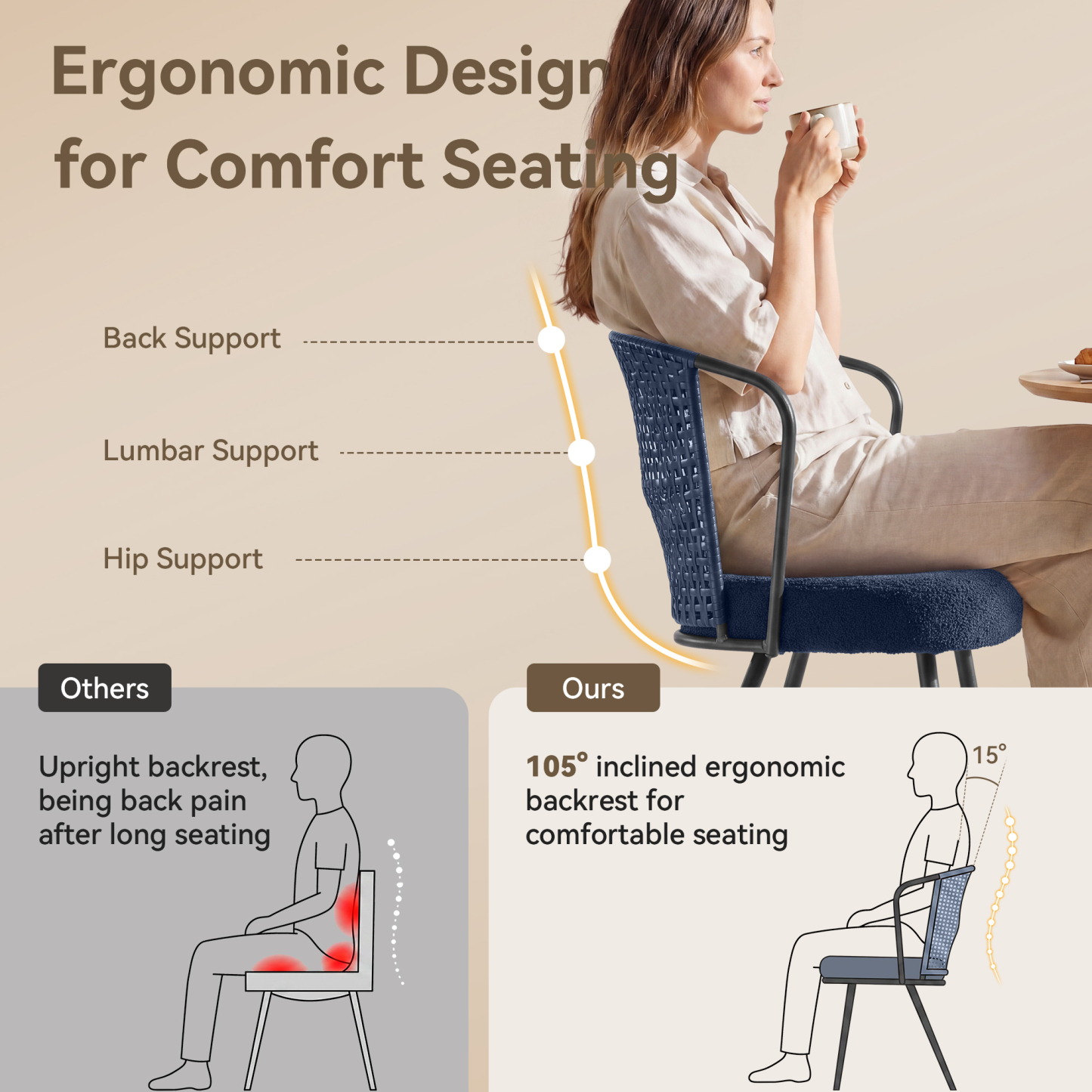 Sailvan Rattan Dining Chair Set, Accent Dining Room Chairs, Modern Kitchen Chairs with Lamb Fleece Cushion, Mid Century Style Living Room Chairs, Easy Assembly, Dark blue