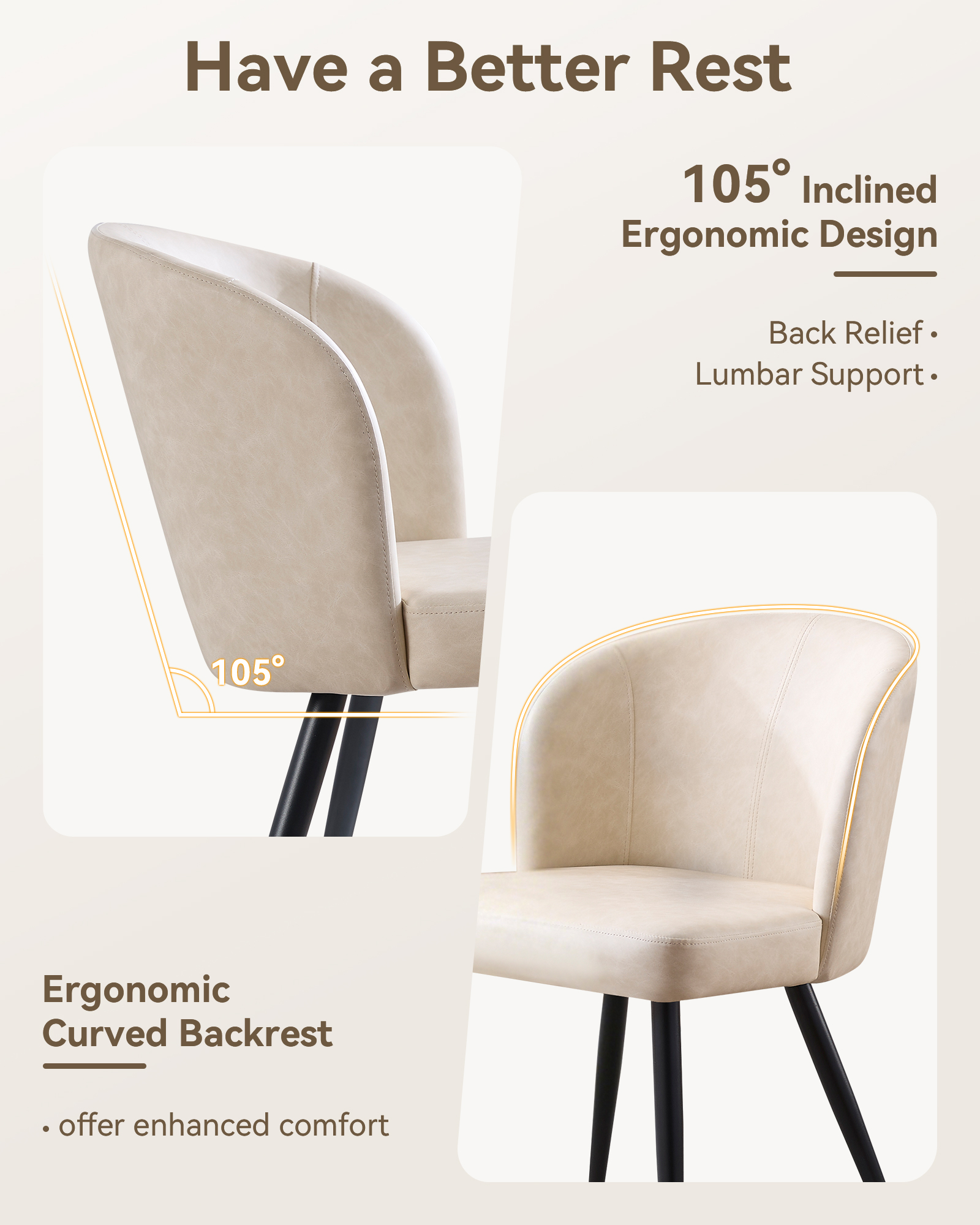 Sailvan Beige Dining Chairs Set, Modern Living Room Chairs, Leather Kitchen Chairs, Mid Century Style Upholstered Chairs for Dining room, With Cushion Seat And Metal Legs, Easy Assembly