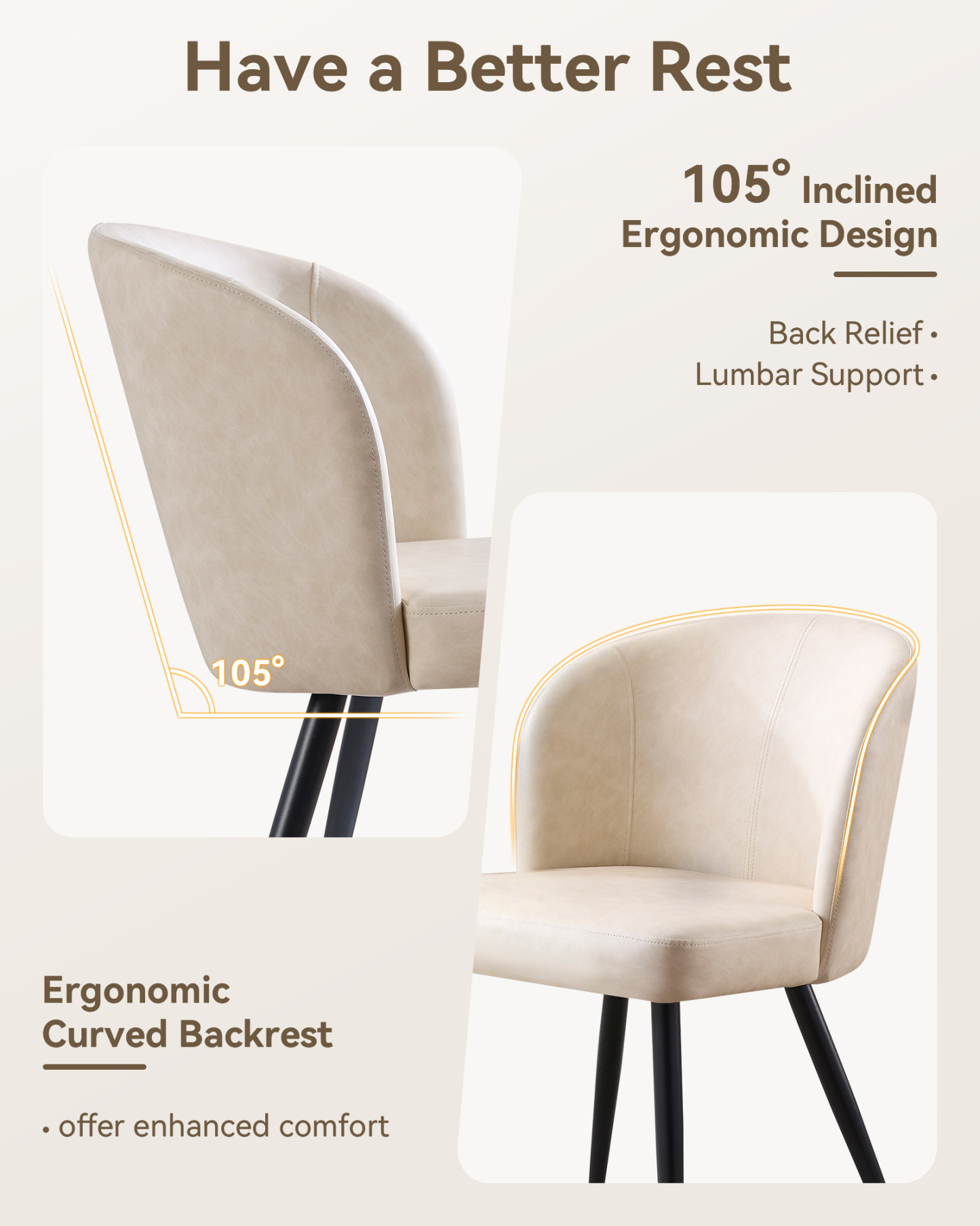 Sailvan Beige Dining Chairs Set, Modern Living Room Chairs, Leather Kitchen Chairs, Mid Century Style Upholstered Chairs for Dining room, With Cushion Seat And Metal Legs, Easy Assembly