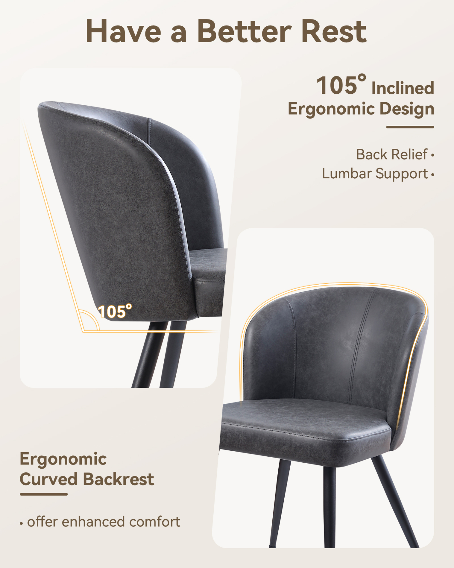Sailvan Gray Dining Chairs Set, Modern Living Room Chairs, Leather Kitchen Chairs, Mid Century Style Upholstered Chairs for Dining room, With Cushion Seat And Metal Legs, Easy Assembly