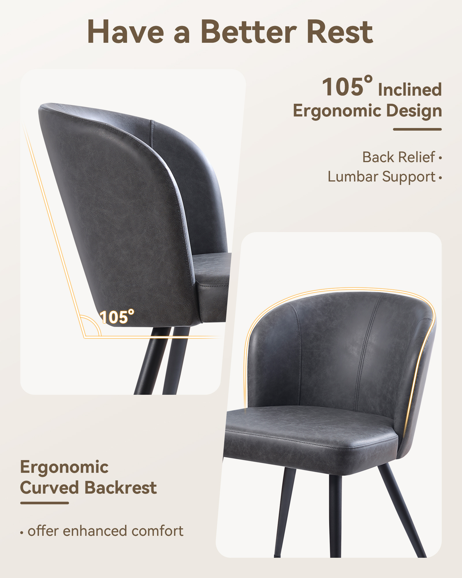 Sailvan Gray Dining Chairs Set, Modern Living Room Chairs, Leather Kitchen Chairs, Mid Century Style Upholstered Chairs for Dining room, With Cushion Seat And Metal Legs, Easy Assembly