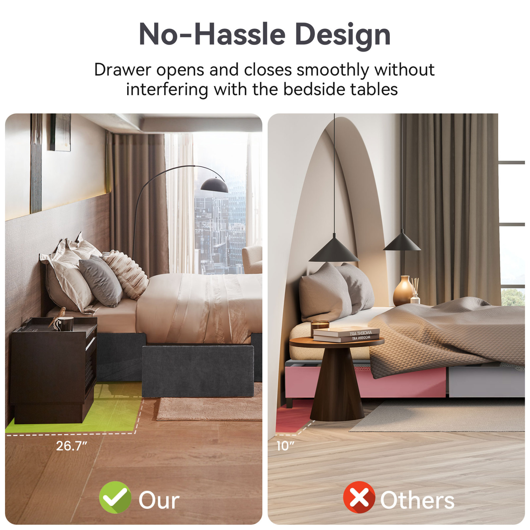 Queen Bed Frame with 4 Storage Drawers & Charging Station, Heavy Duty Wood Beds for Dorms Apartment, Easy Assembly Gray Bed with 1000lbs Capacity, No Box Spring Needed, Noise Free