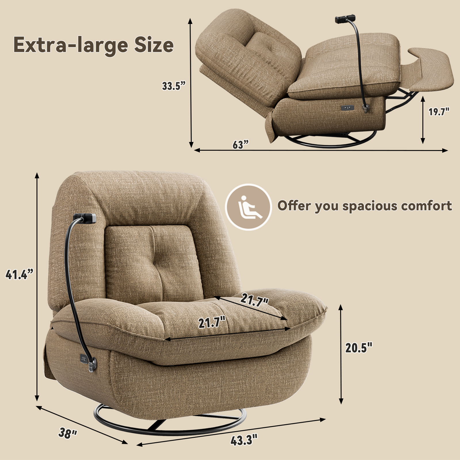 Susalt Electric Recliner Chair for Adults, Oversized 360 Swivel Rocking Glider Rocker