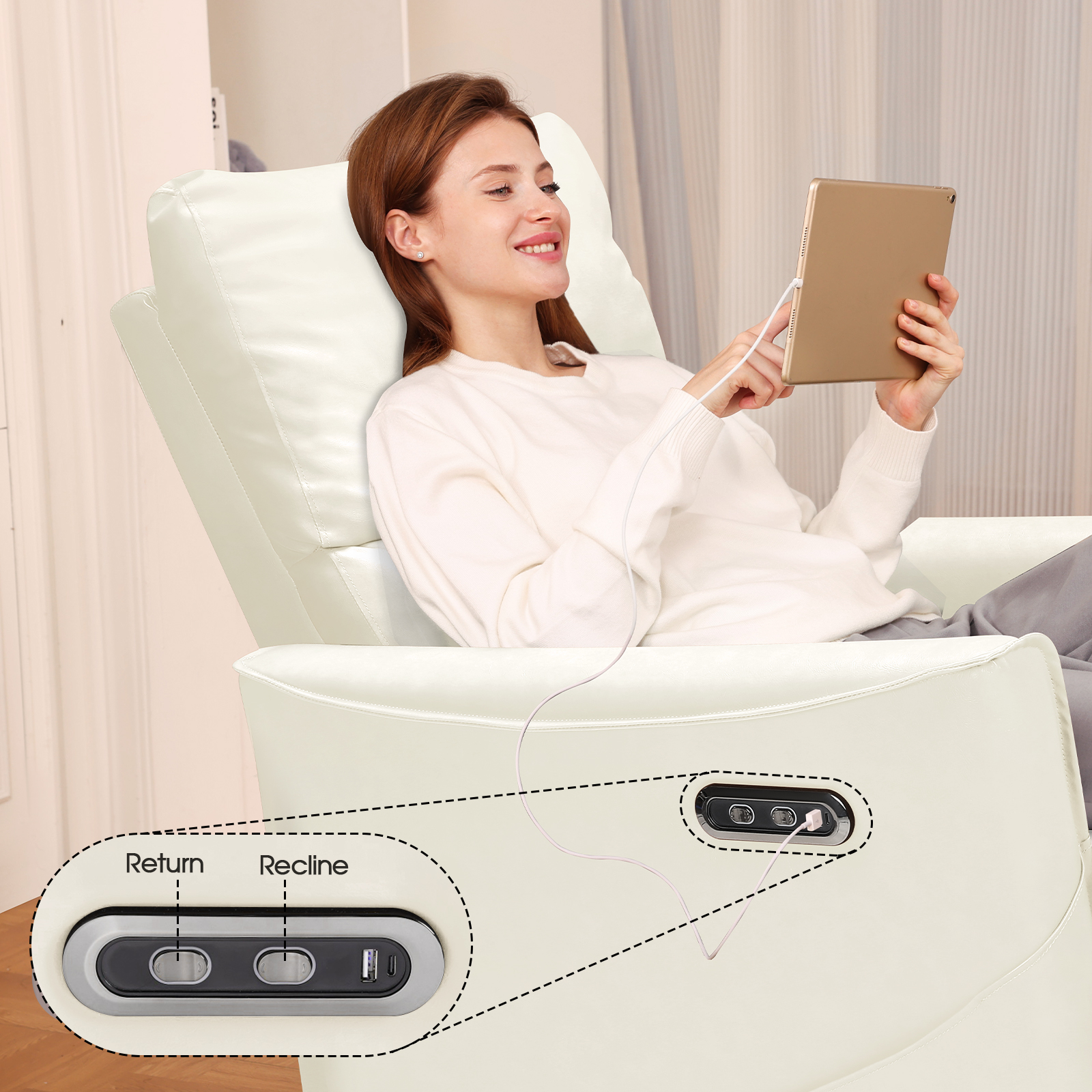 Susalt Power Swivel Rocker Recliner Chair for Adults, Upholstered Faux Leather Glider Nursery Recliner, Electric Recliner with USB Type-C Ports, for Living Room, Office