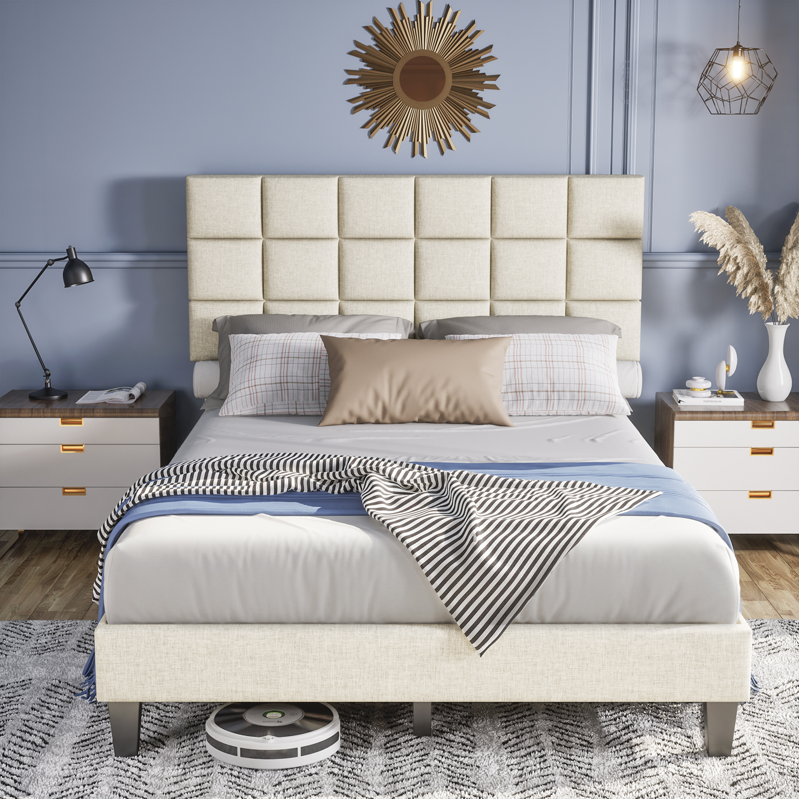 Susalt Full Size Bed Frames with Headboard, Full Bed Frame with Adjustable Upholstered Headboard, Solid wood support,No Box Spring Needed