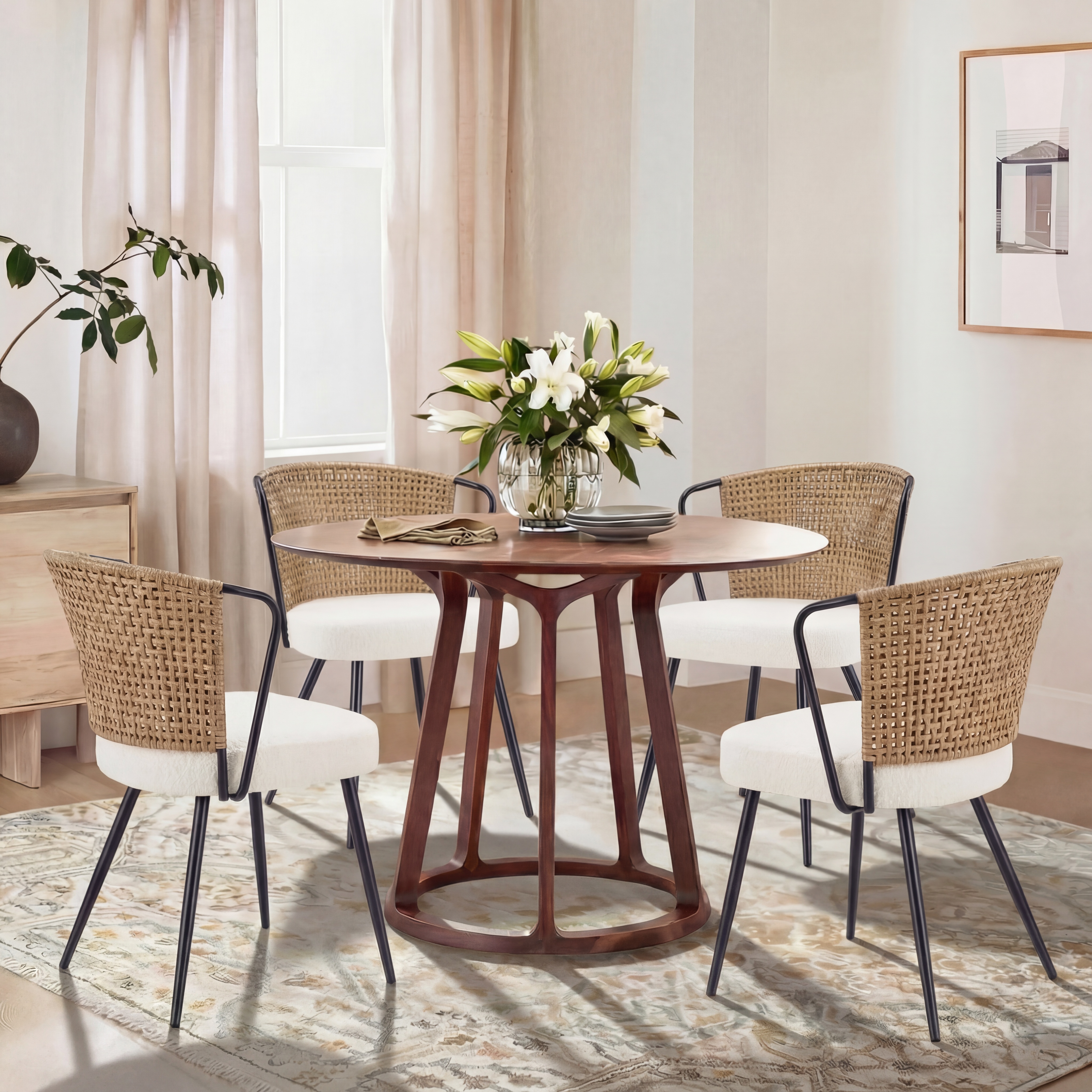 Sailvan Set of 2/4/6 Dining Chairs, Upholstered Rattan Kitchen & Dining Room Chairs with Rattan Backrest & Boucle Cushion, Farmhouse Dining Room Chair with Metal Leg