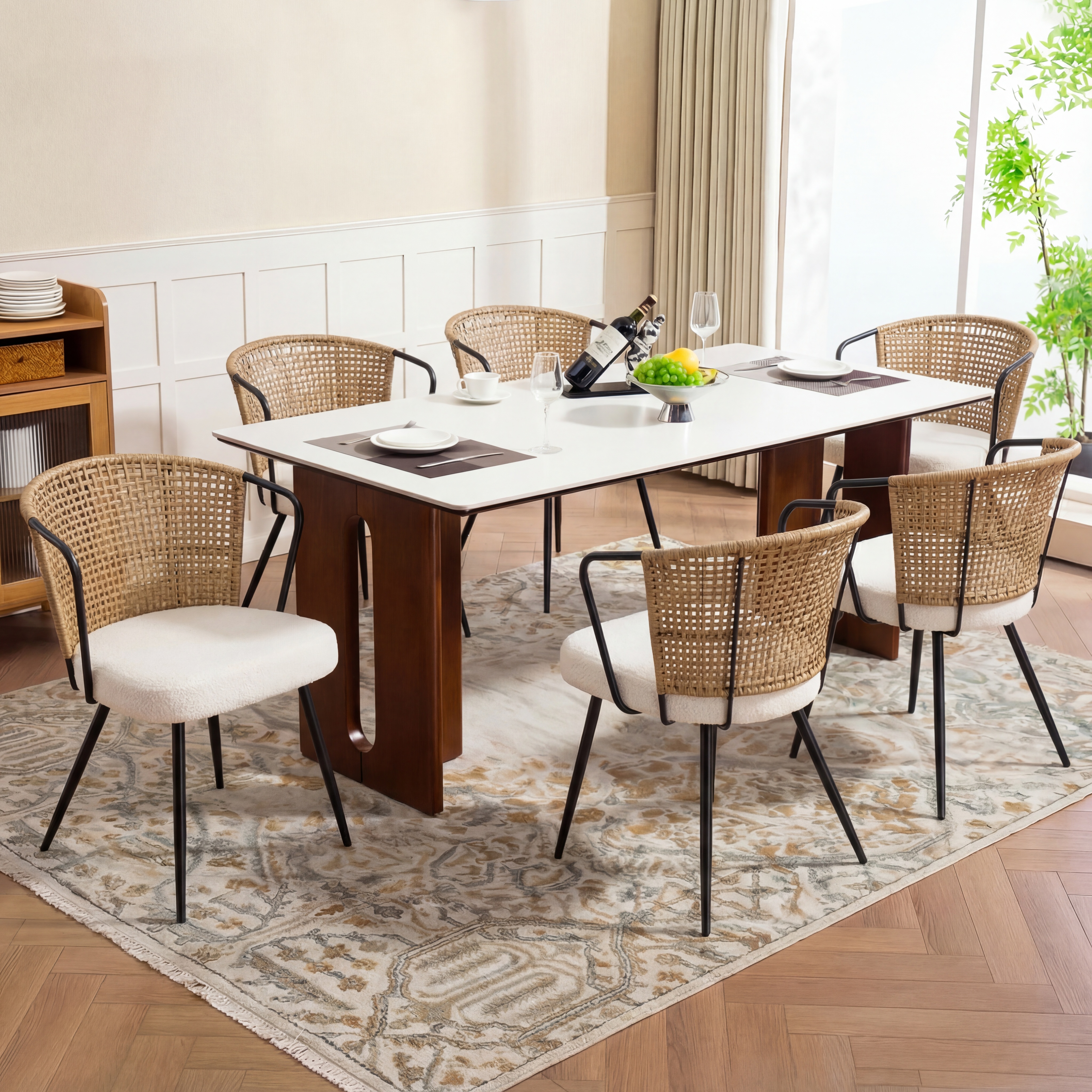 Sailvan Set of 2/4/6 Dining Chairs, Upholstered Rattan Kitchen & Dining Room Chairs with Rattan Backrest & Boucle Cushion, Farmhouse Dining Room Chair with Metal Leg