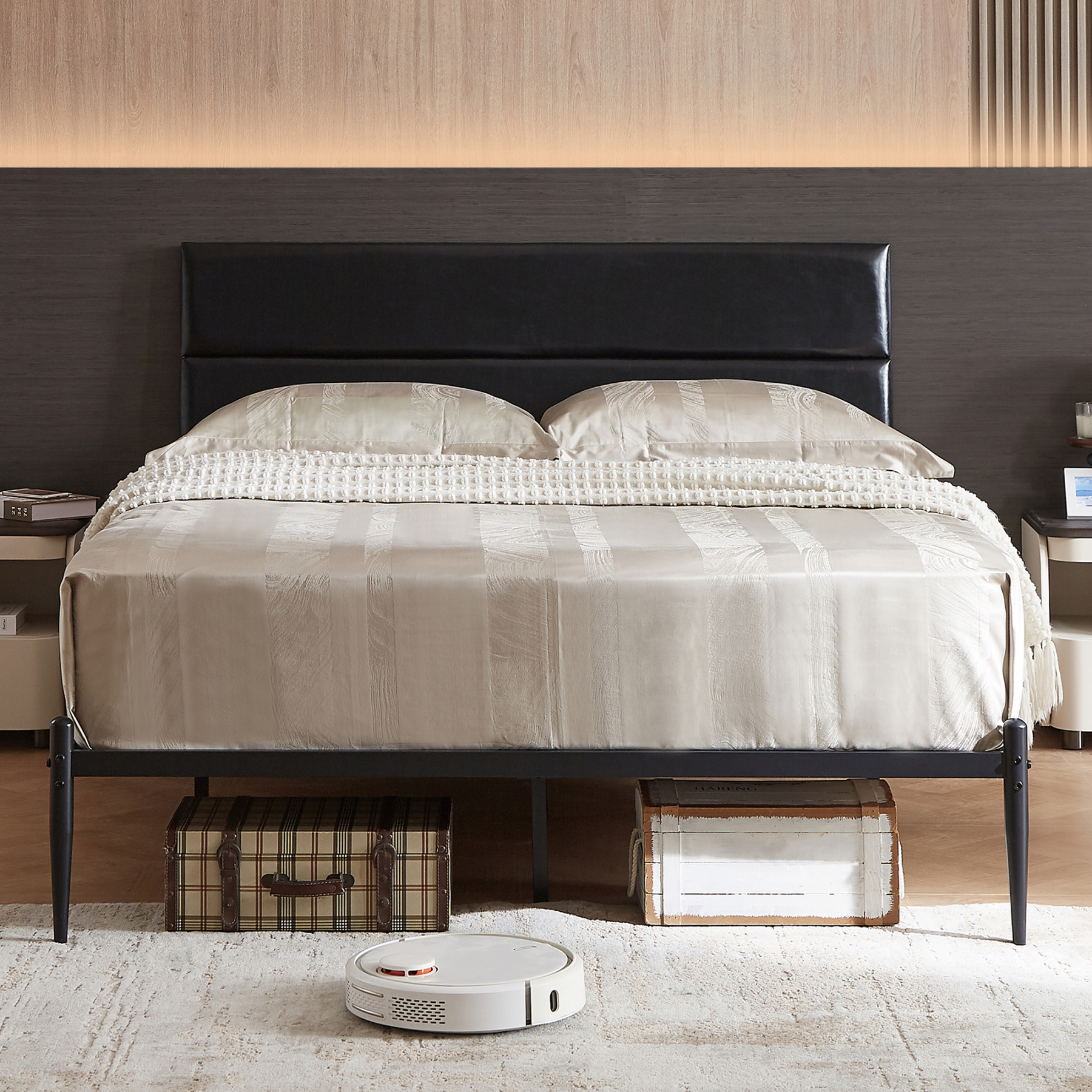 Sailvan Queen Bed Frame with Headboard, PU Leather Upholstered Metal Platform Bed Frame, Metal Slat Support, Easy Assembly, Noise Free, Black