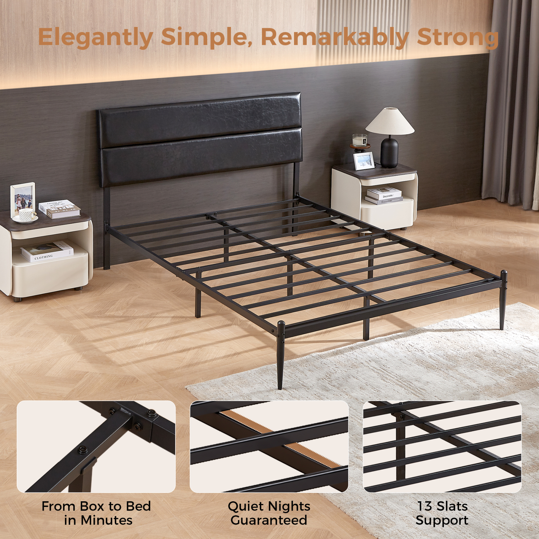 Sailvan Queen Bed Frame with Headboard, PU Leather Upholstered Metal Platform Bed Frame, Metal Slat Support, Easy Assembly, Noise Free, Black