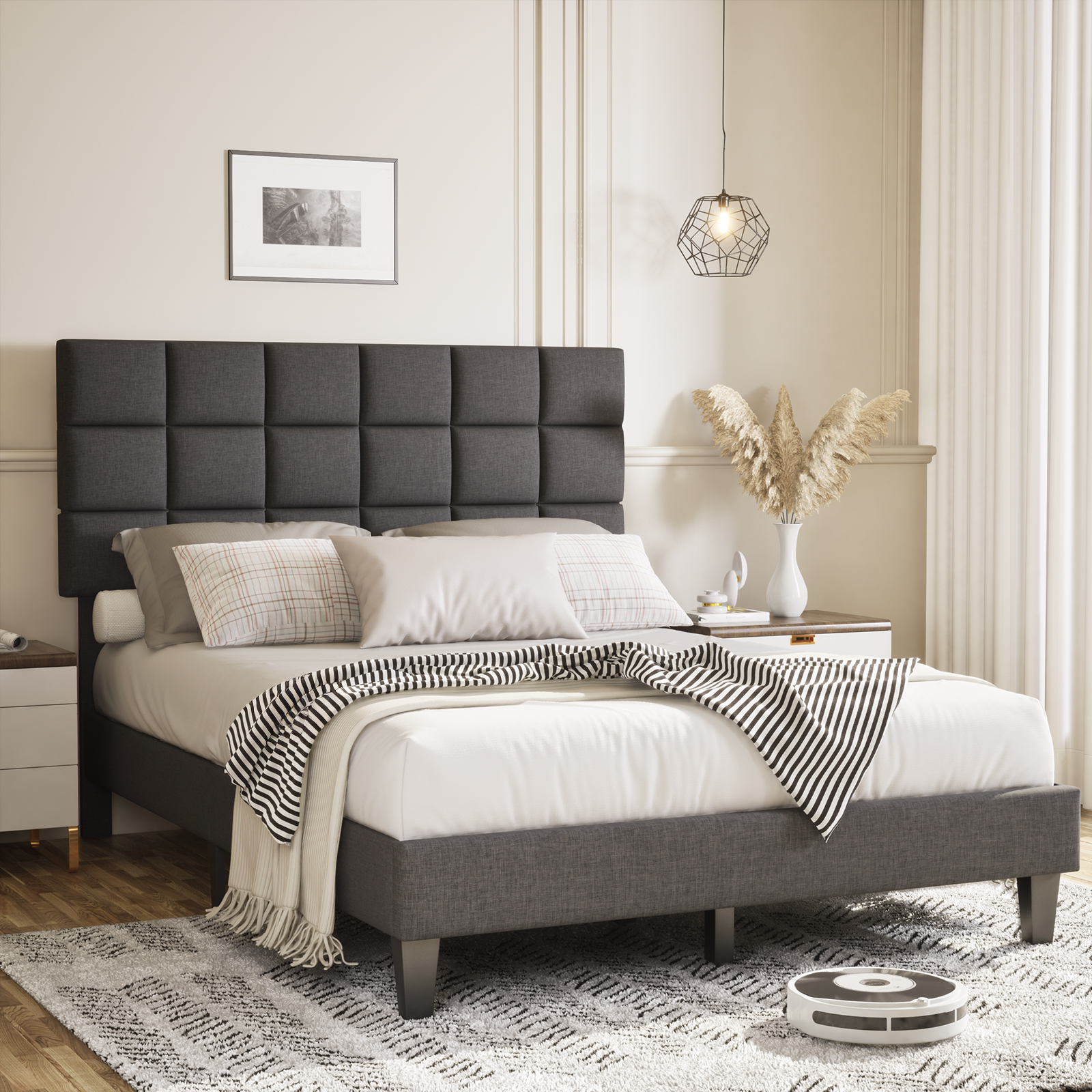 Susalt Full Size Bed Frames with Headboard, Full Bed Frame with Adjustable Upholstered Headboard, Solid wood support,No Box Spring Needed