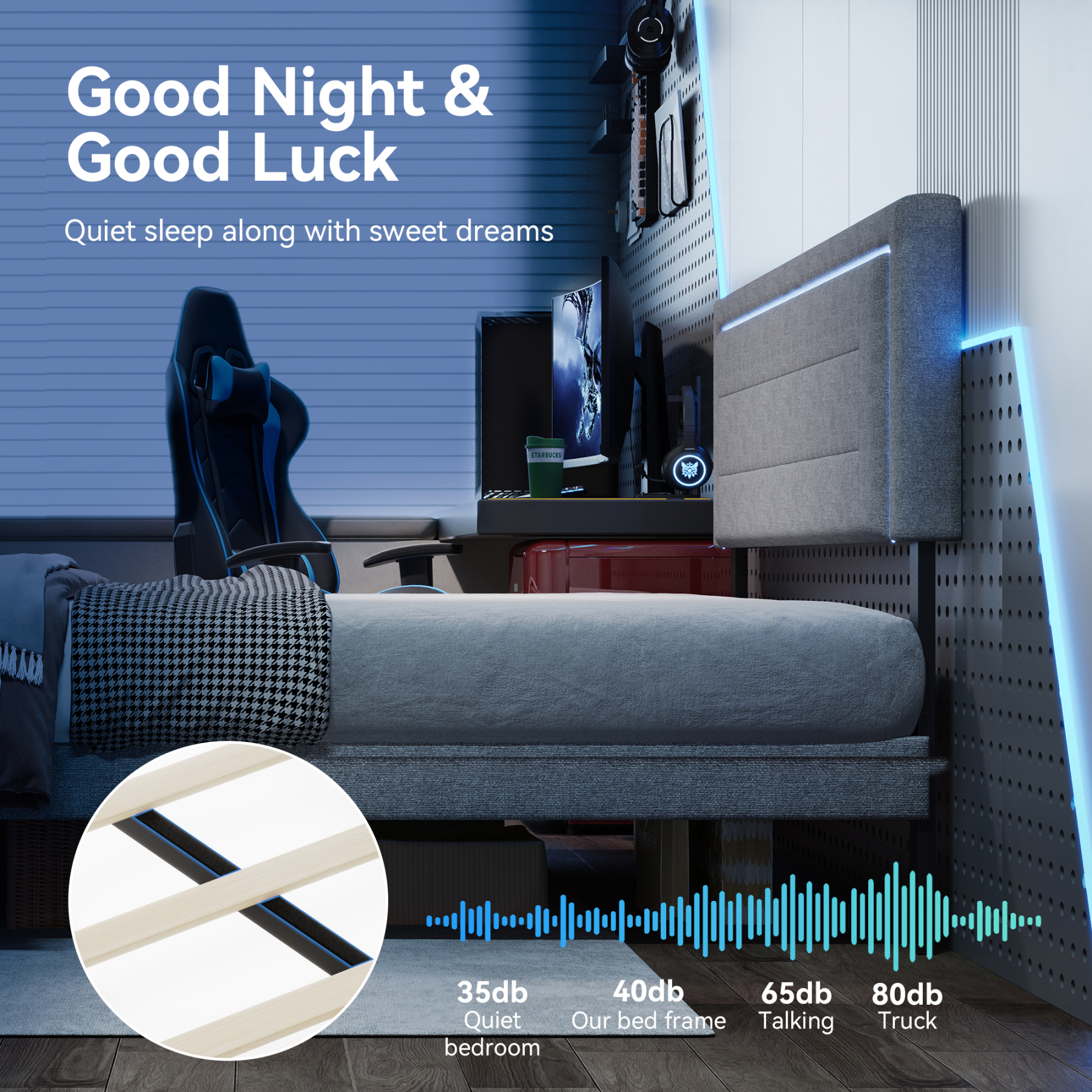 Sailvan Queen Bed Frame with LED Lights and Headboard,Upholstered Platform Bed Frame Queen Size with USB Charging Station,No Box Spring Needed,Sturdy Frame and Noise Free,Grey