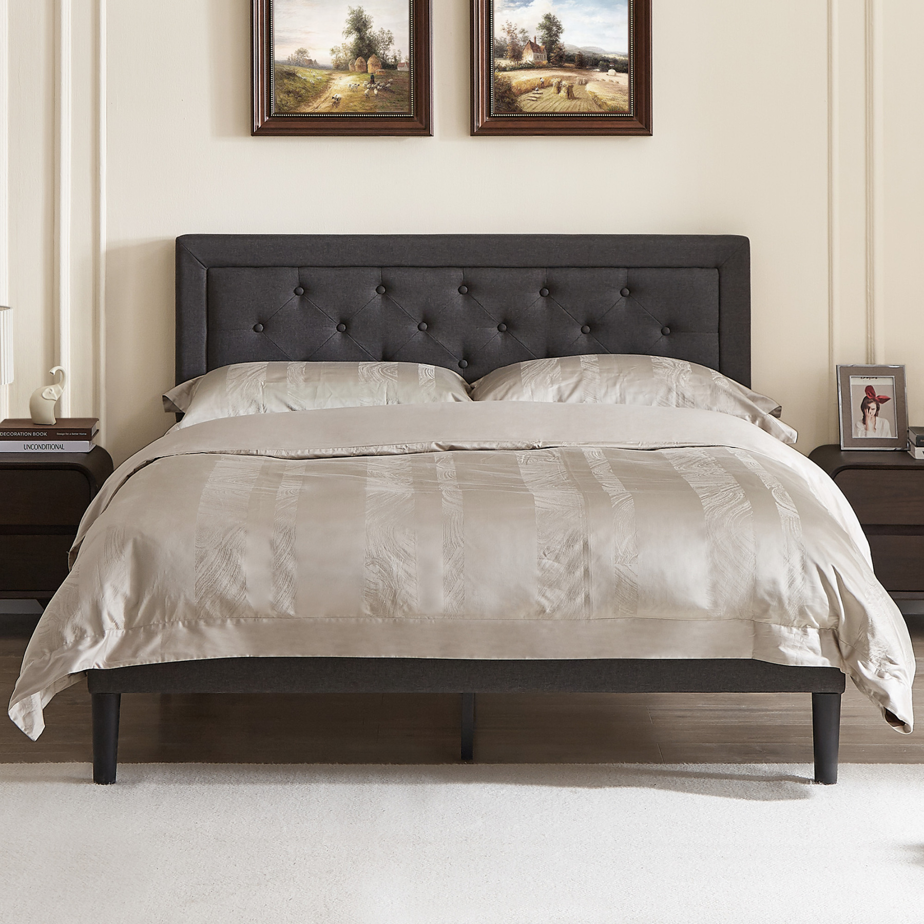 Sailvan Queen Bed Frame with Headboard, Upholstered Bed Frame with Button Tufted, Platform Bed with Wood Slat Support, Noise Free, Easy Assembly, No Box Spring Needed, Dark Gray