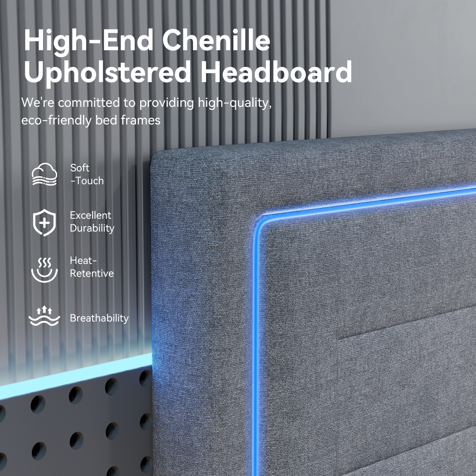 Sailvan Queen Bed Frame with LED Lights and Headboard,Upholstered Platform Bed Frame Queen Size with USB Charging Station,No Box Spring Needed,Sturdy Frame and Noise Free,Grey