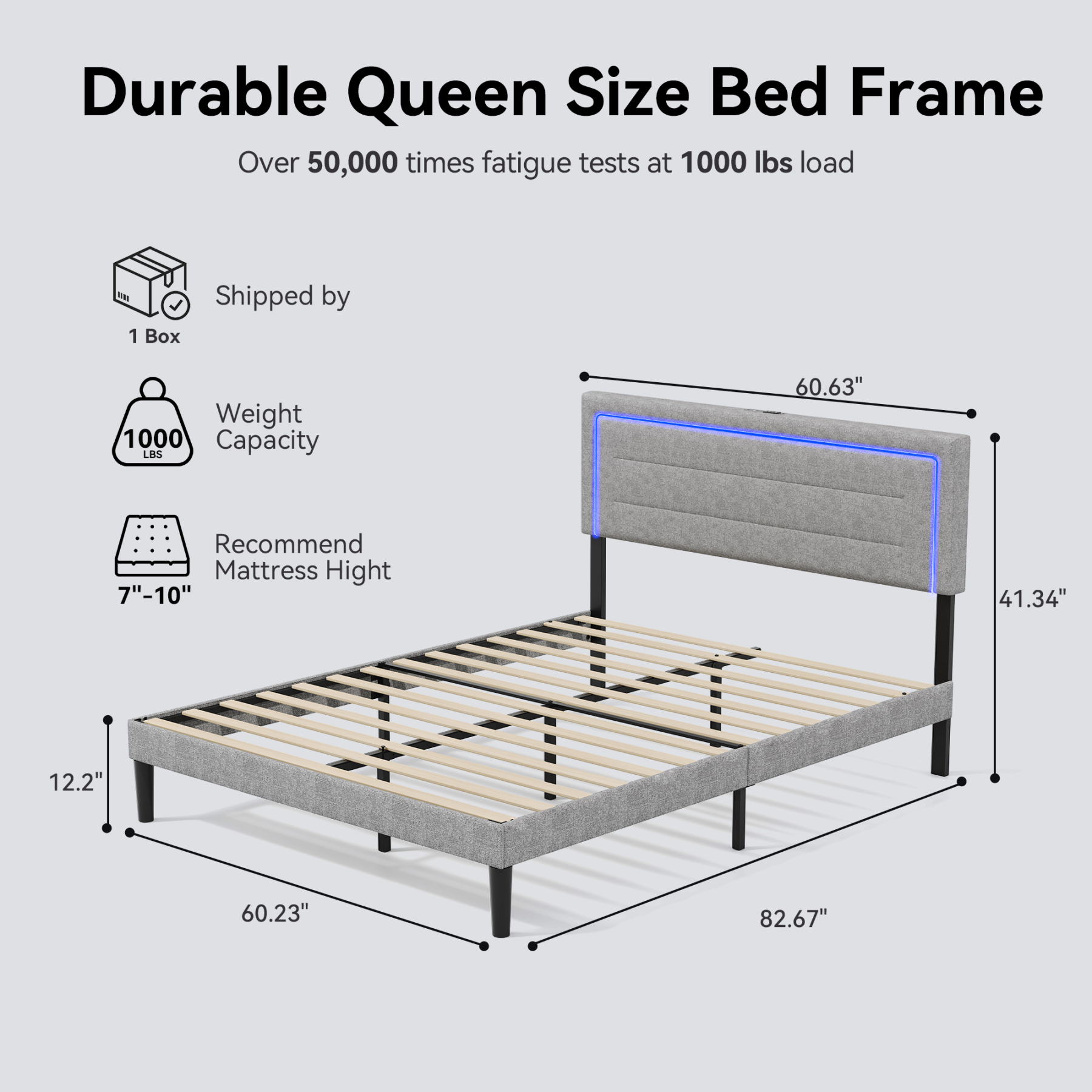 Sailvan Queen Bed Frame with LED Lights and Headboard,Upholstered Platform Bed Frame Queen Size with USB Charging Station,No Box Spring Needed,Sturdy Frame and Noise Free,Grey