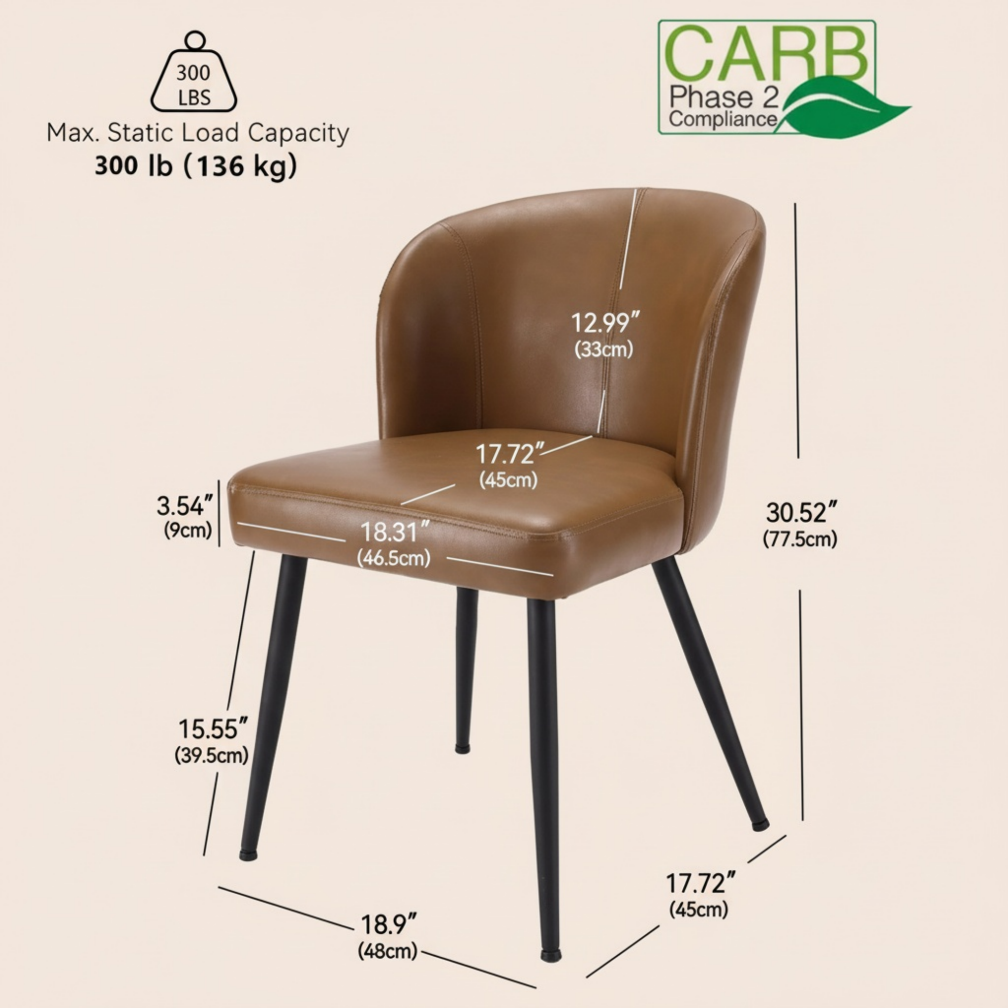 Sailvan Dining Chairs Set, Modern Living Room Chairs, Leather Kitchen Chairs, Mid Century Style Upholstered Chairs for Dining room, With Cushion Seat And Metal Legs, Easy Assembly, Brown