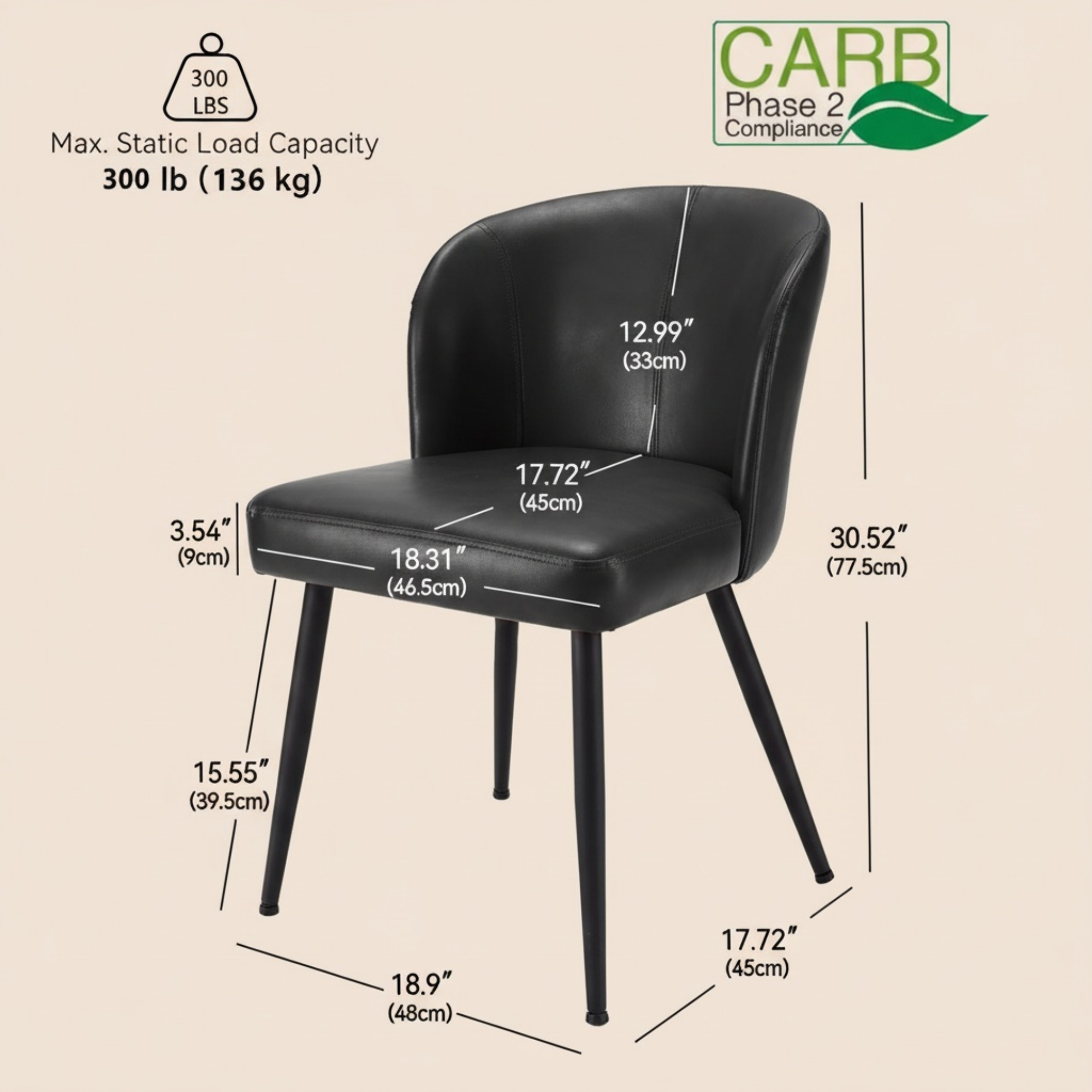 Sailvan Dining Chairs Set, Modern Living Room Chairs, Leather Kitchen Chairs, Mid Century Style Upholstered Chairs for Dining room, With Cushion Seat And Metal Legs, Easy Assembly, Black