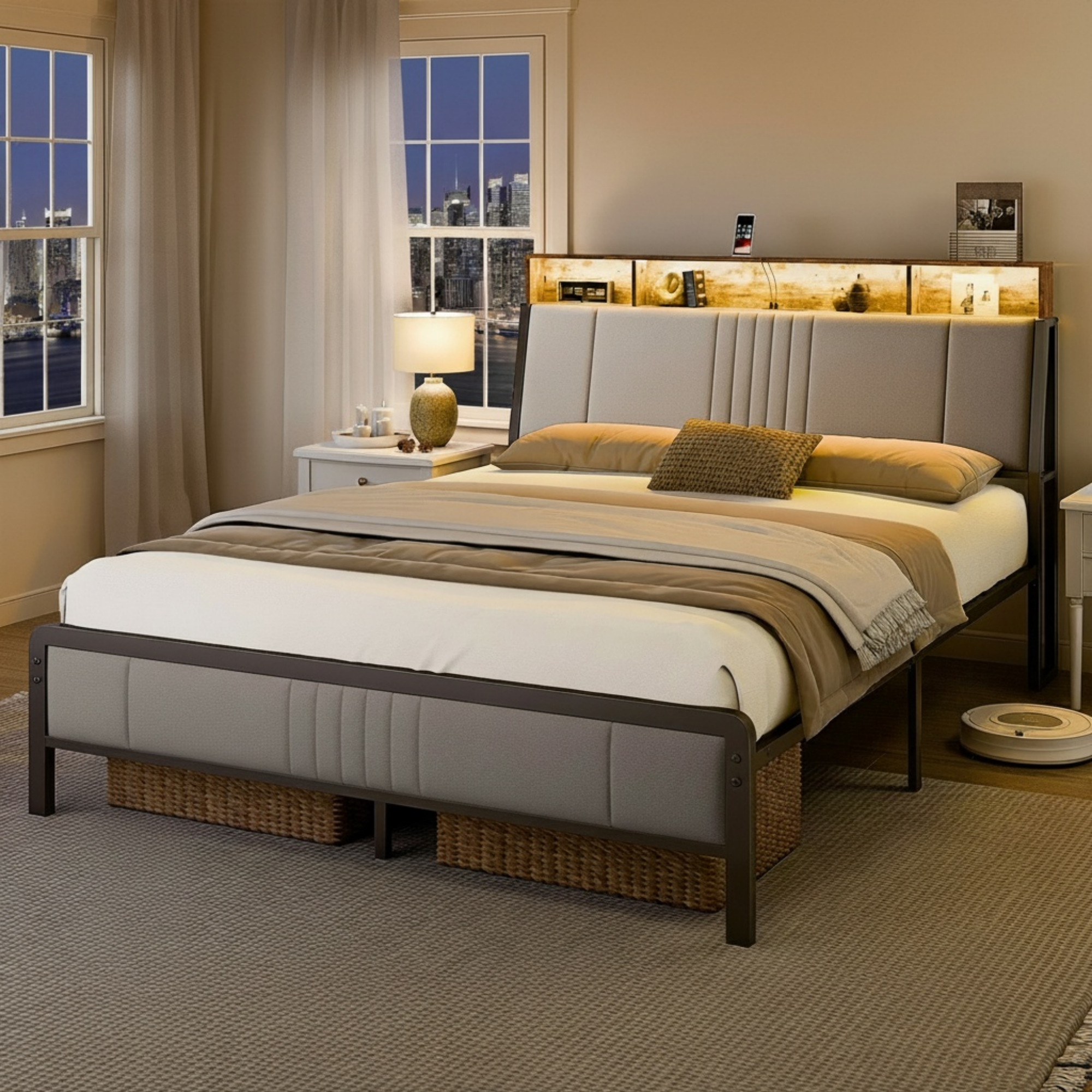 Sailvan Bed Frame with Headboard, Velvet Upholstered Platform Bed with USB Charging, LED Lights and Underbed Storage, No Box Spring Needed, Gray