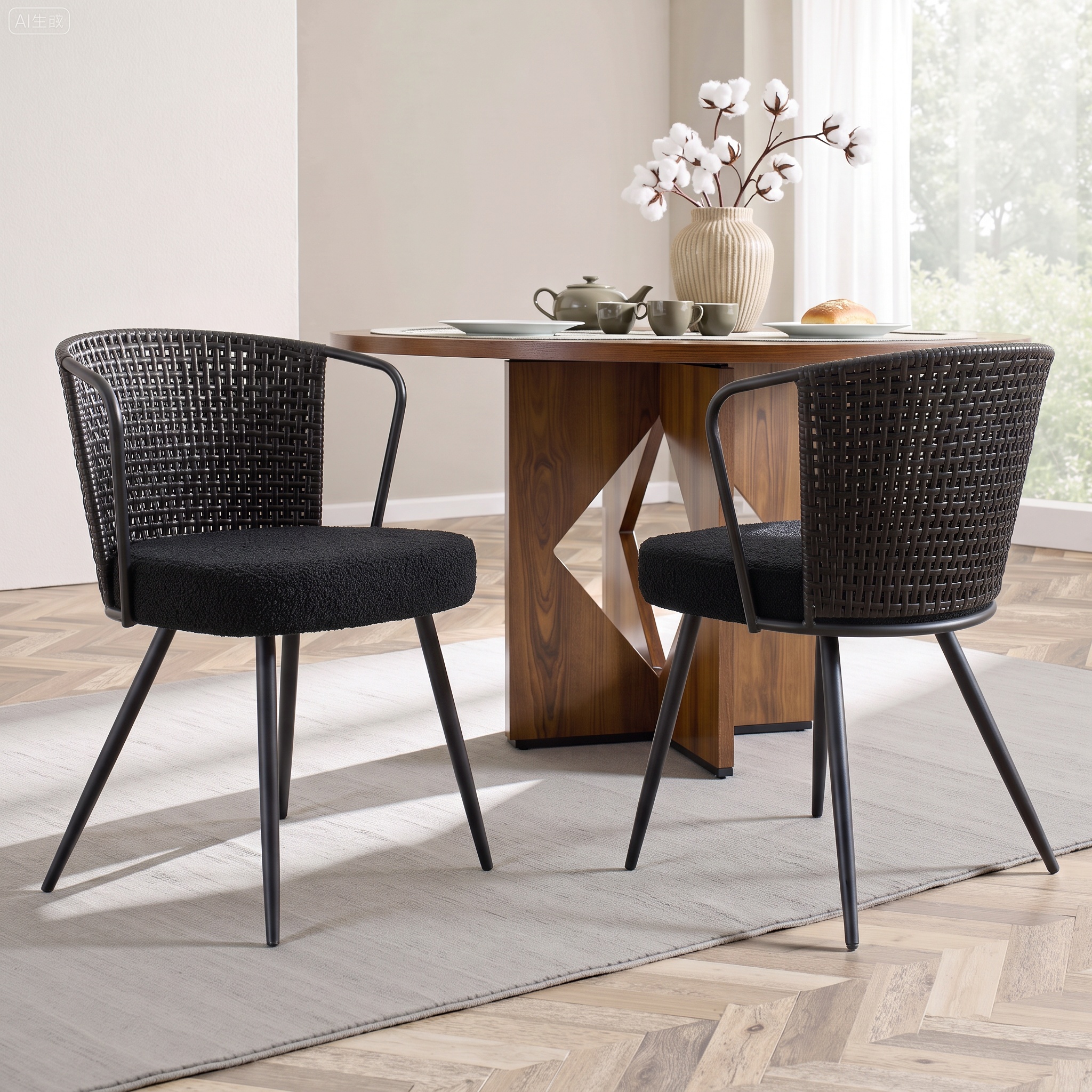 Sailvan Dining Chair Set, Accent Rattan Dining Room Chairs, Modern Kitchen Chairs with Lamb Fleece Cushion, Mid Century Style Living Room Chairs, Easy Assembly, Black