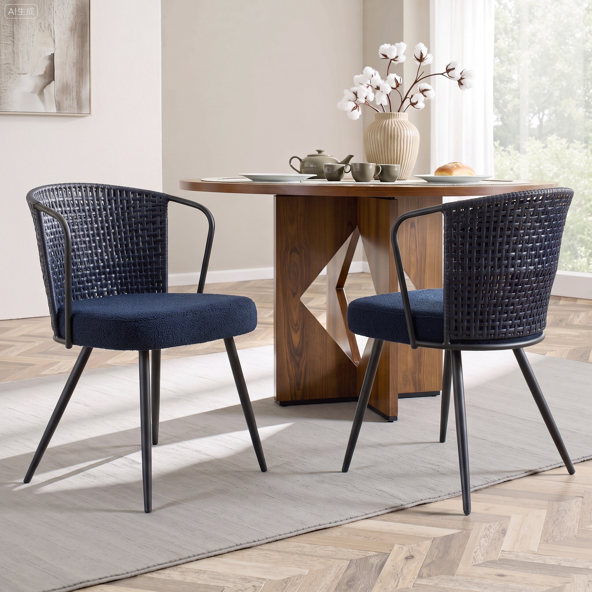 Sailvan Rattan Dining Chair Set, Accent Dining Room Chairs, Modern Kitchen Chairs with Lamb Fleece Cushion, Mid Century Style Living Room Chairs, Easy Assembly, Dark blue