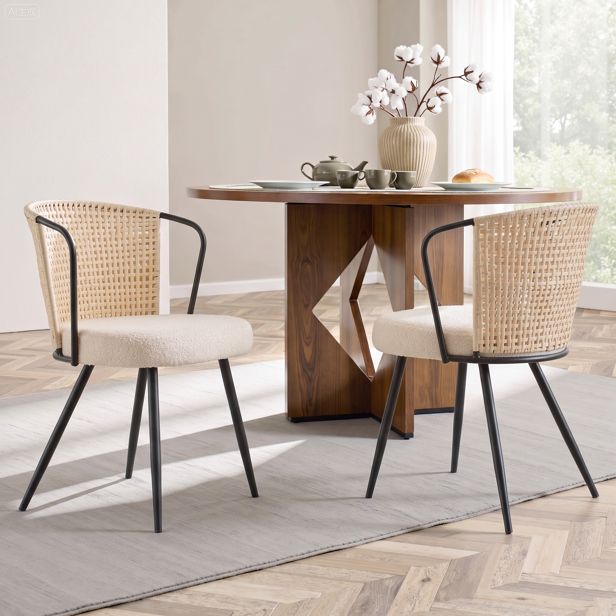 Sailvan Dining Chair Set, Accent Rattan Dining Room Chairs, Modern Kitchen Chairs with Lamb Fleece Cushion, Mid Century Style Living Room Chairs, Easy Assembly, Beige