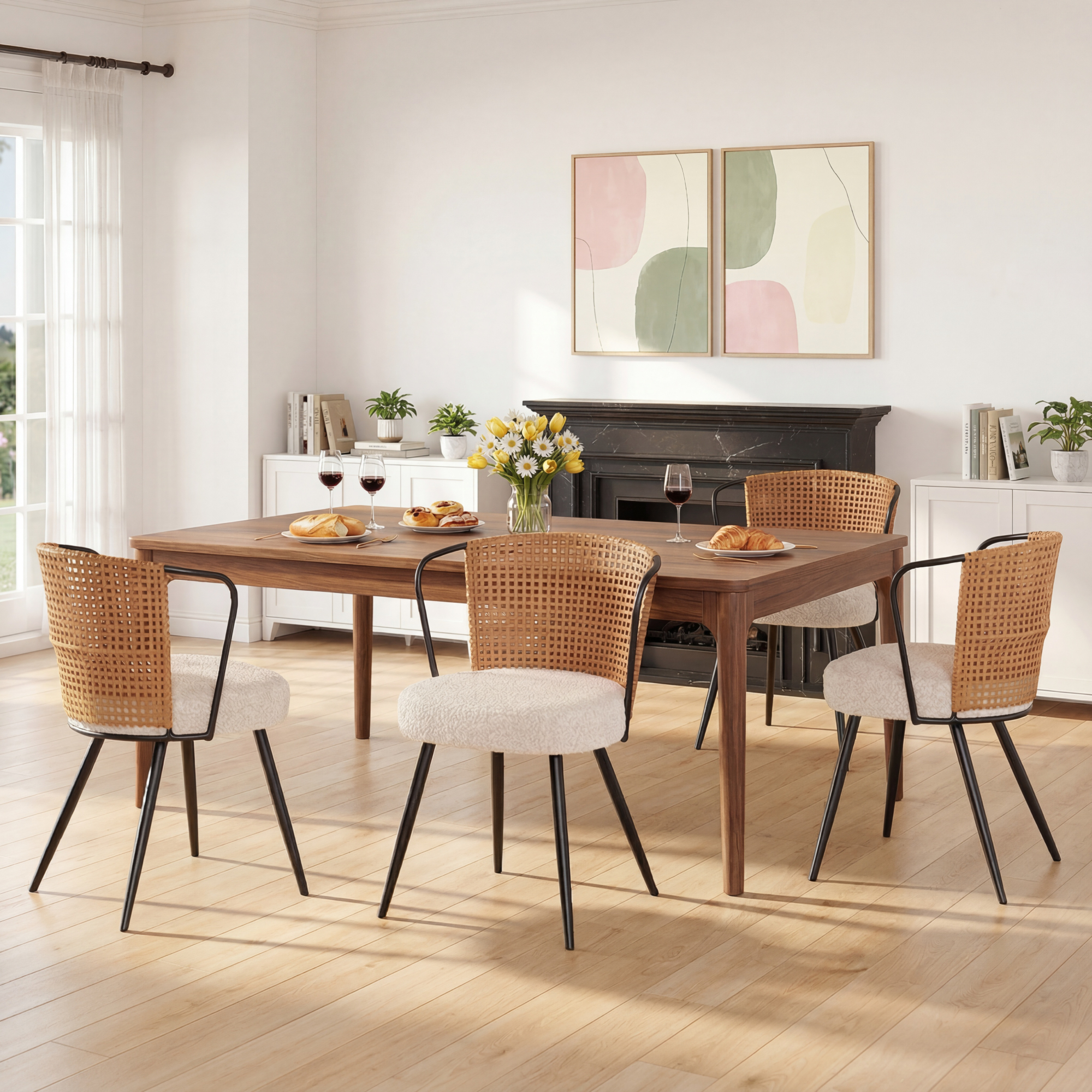 Sailvan Dining Chair Set, Upholstered Kitchen & Dining Room Chairs Tufted Accent Chairs with Rattan Backrest & Lamb Fleece Fabric Cushion, Wingback Dining Room Seat, Brown