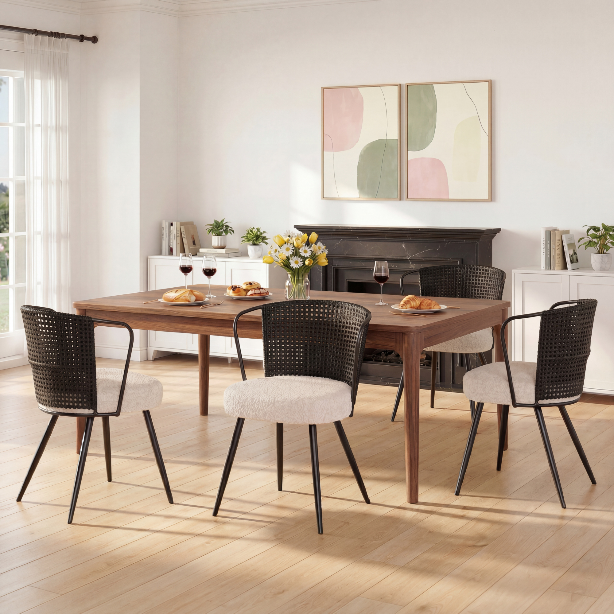 Sailvan Dining Chair Set, Upholstered Kitchen & Dining Room Chairs Tufted Accent Chairs with Rattan Backrest & Lamb Fleece Fabric Cushion, Wingback Dining Room Seat, Black