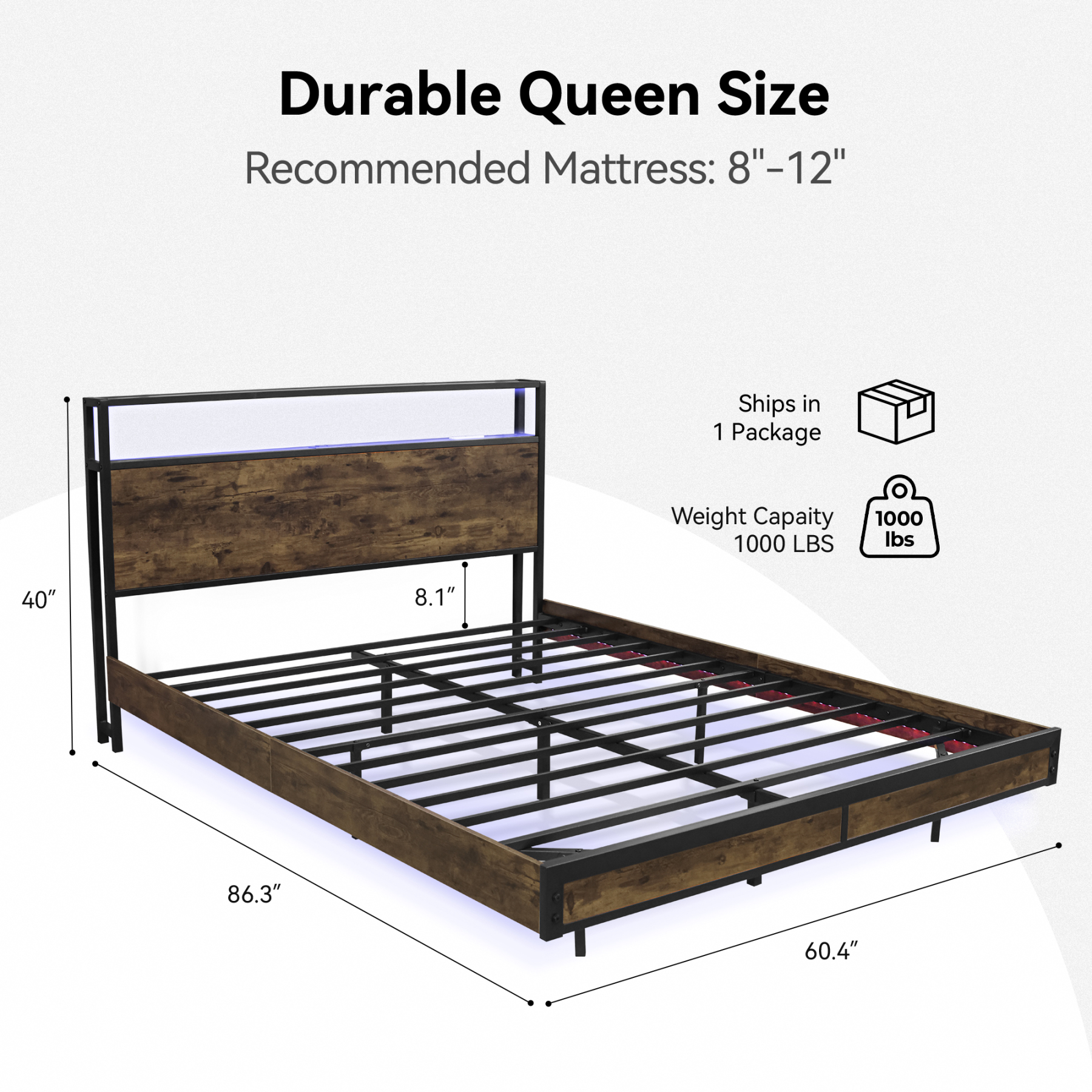 Susalt Bed Frame with LED Lights and Headboard, Metal Industrial Style Platform Full Size Bed Frame with Charging Station & LED Lights