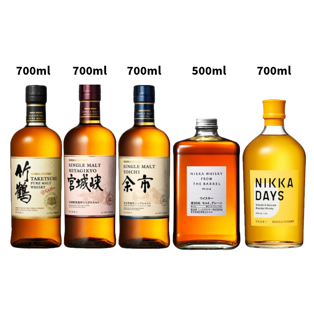 Japan Whiskies (Yoichi, Miyagikyo, Taketsuru, Nikka Days, Nikka Barrel) + set of 4 x Davidoff Cigar Glasses