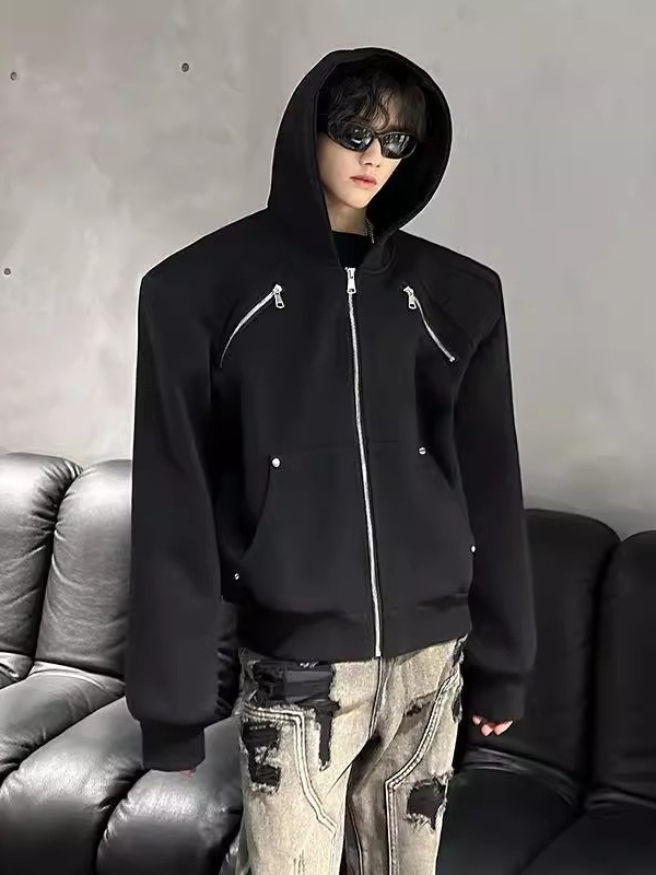 男性用のミニマリストな 3D デコンストラクトな廊下型フード付きジャケット、秋冬、高級デザインのメタリック カーディガン スウェットシャツ、ショート スタイル。