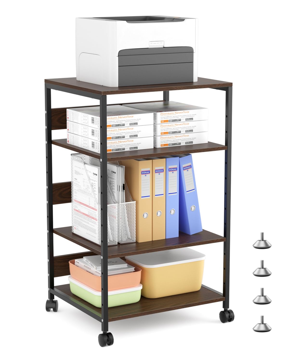 DEWEL プリンター台 キャスター付き 4段 幅60cm 奥行50cm 高さ97-100cm アジャスター付き プリンターワゴン プリンターラック 中棚調整可能 A3対応 耐荷重80kg 物置台 木製 袖机