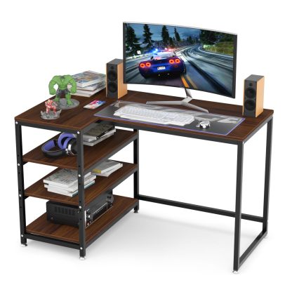 DEWEL パソコンデスク 机 ｌ字 デスク PCデスク ゲーミングデスク 収納 ラック 左右に設置可能 幅120 奥行50㎝ モニターアーム取付対応 木製 コーナーデスク 書斎デスク リモートワーク オフィスデスク 木目調の色