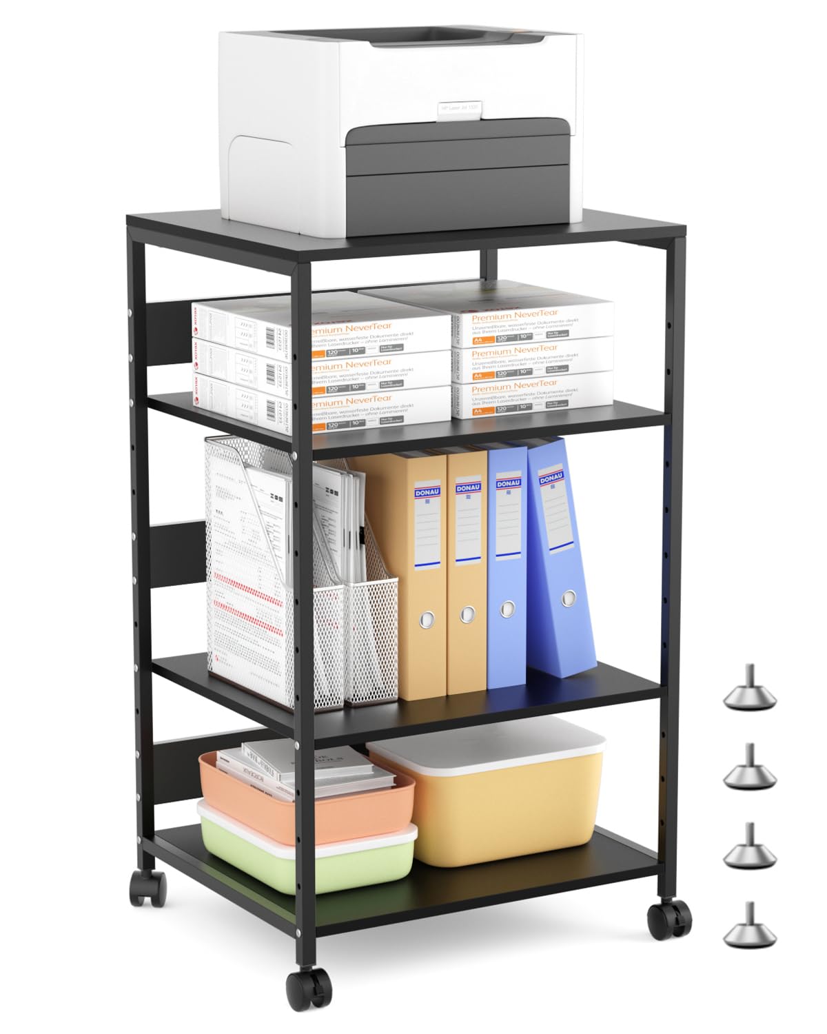 DEWEL プリンター台 キャスター付き 4段 幅60cm 奥行50cm 高さ97-100cm アジャスター付き プリンターワゴン プリンターラック 中棚調整可能 A3対応 耐荷重80kg 物置台 木製 袖机