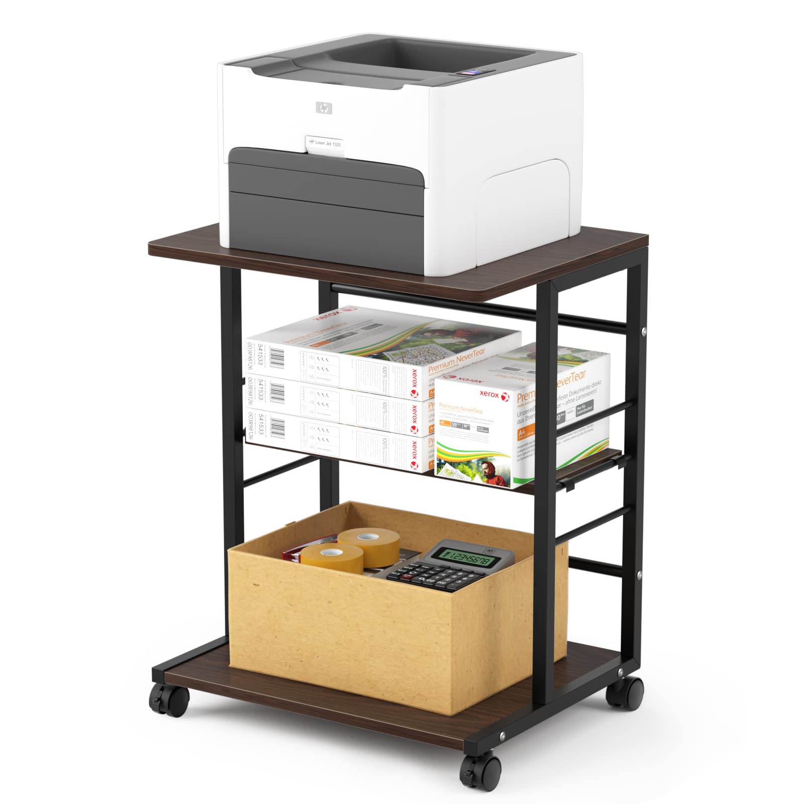 DEWEL プリンタ台 プリンタラック 幅50cm 奥行40cm 高さ63cm 総耐荷重60kg キャスター付き デスクサイド収納3段 棚板高さ調節可能 プリンターカート プリンターワゴン プリンタースタンド 組み立て簡単 木製 収納 移動便利 A3対応 オフィス 家庭用 (ウォールナット)
