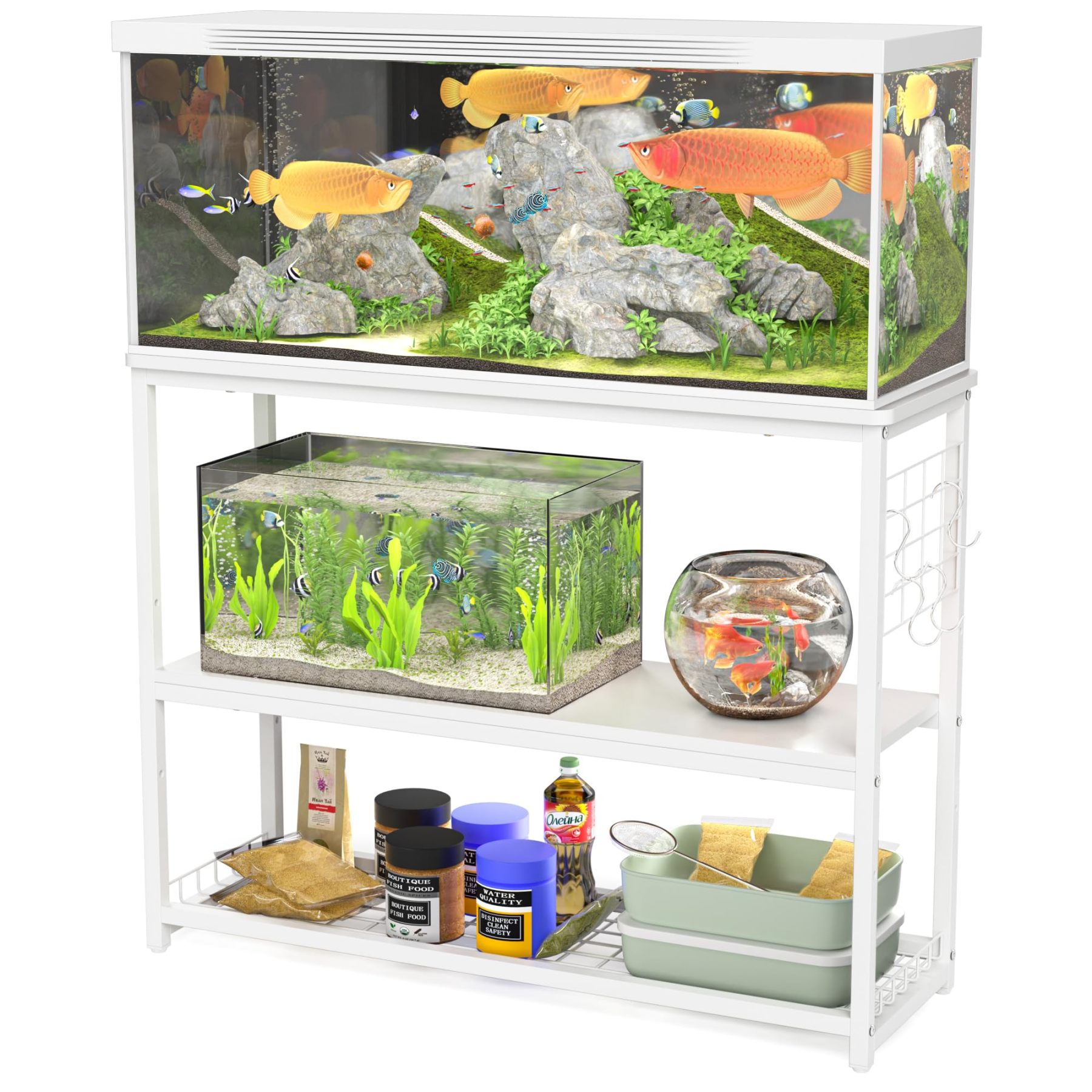 DEWEL 水槽台 幅90cm 水槽棚 水槽スタンド 90cm水槽用 組立式水槽台 ラック ウッドデコスタンド 三段式 中棚板高さ調整 フック付き 総耐荷重約120kg 頑丈 錆びにくい シェルフ アジャスター付き 奥行き30cm×高さ70cm