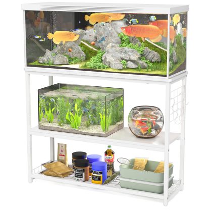 DEWEL 水槽台 幅90cm 水槽棚 水槽スタンド 90cm水槽用 組立式水槽台 ラック ウッドデコスタンド 三段式 中棚板高さ調整 フック付き 総耐荷重約120kg 頑丈 錆びにくい シェルフ アジャスター付き 奥行き30cm×高さ70cm