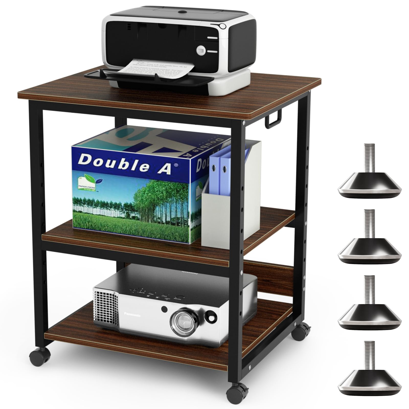 DEWEL プリンター台 高さ70cm×幅60cm×奥行50cm プリンターワゴン 3段 キャスター付き 総耐荷重90㎏ 中棚調整 木製 収納 A3対応 プリンターラック サイドワゴン 組み立て簡単 (ウォルナット)