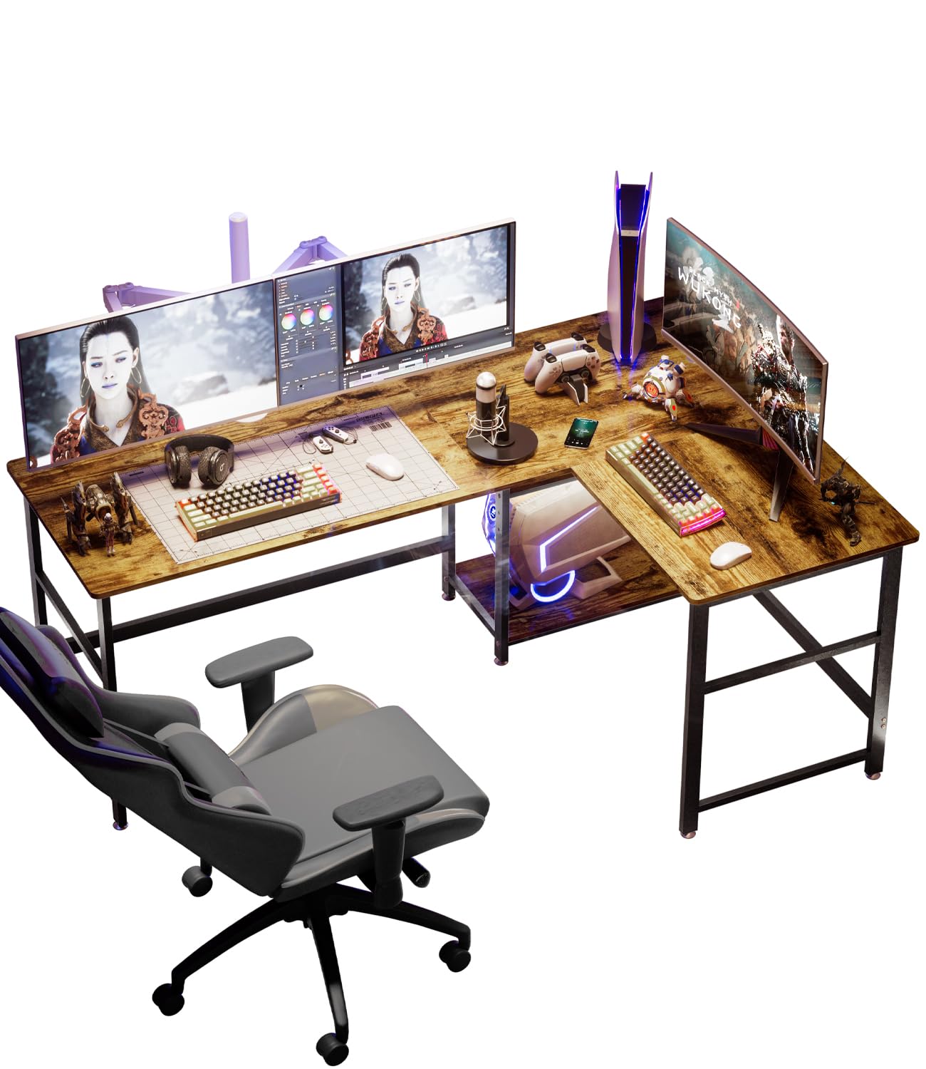 DEWEL パソコンデスク l字 幅180+120cm 奥行60㎝ 2段収納棚付き 左右交換設置可 PCデスク オフィスデスク ゲーミングデスク 高さ72㎝ テレワーク 超ワイド天板 省スペース 棚高さ調整可能 傷・汚れ・水分・熱に強い 180+120X60X72cm