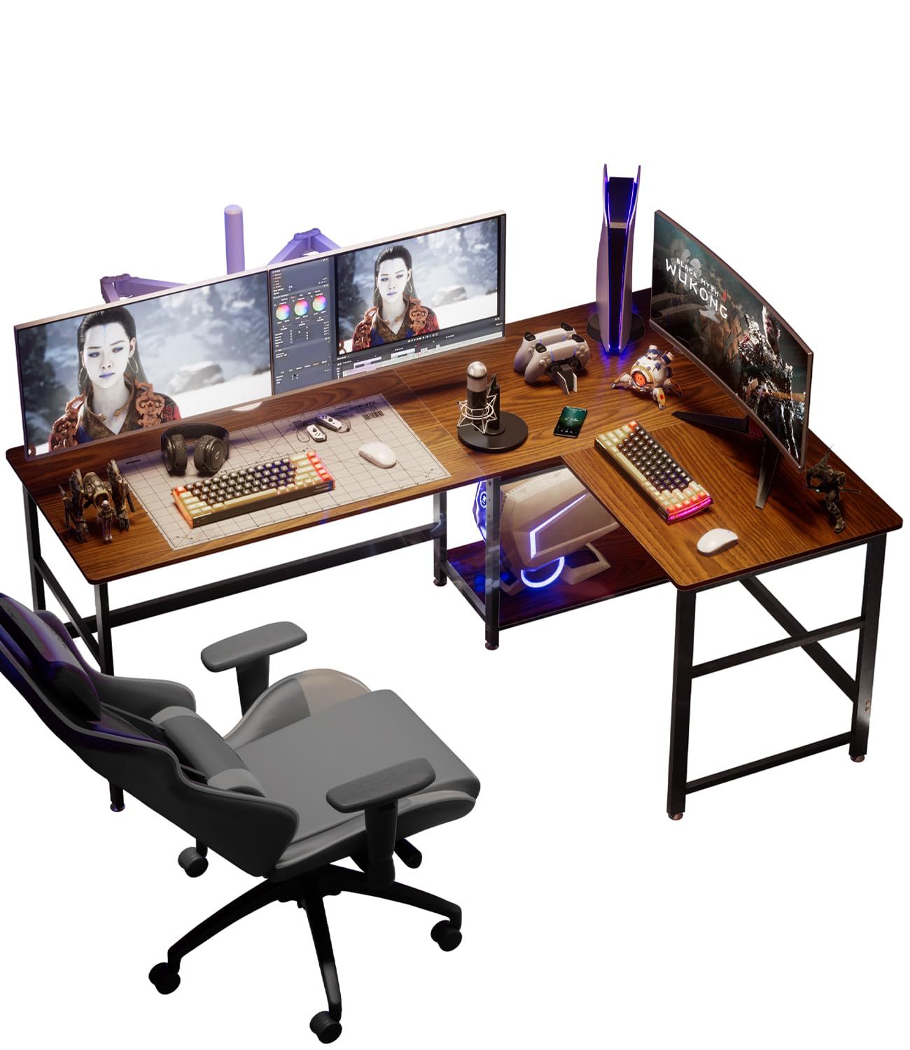 DEWEL パソコンデスク l字 幅180+120cm 奥行60㎝ 2段収納棚付き 左右交換設置可 PCデスク オフィスデスク ゲーミングデスク 高さ72㎝ テレワーク 超ワイド天板 省スペース 棚高さ調整可能 傷・汚れ・水分・熱に強い 180+120X60X72cm