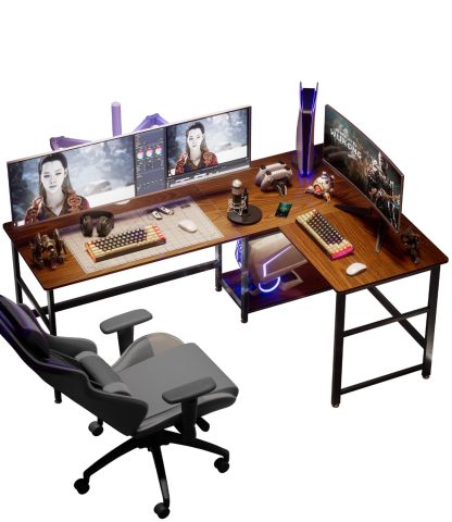 DEWEL パソコンデスク l字 幅180+120cm 奥行60㎝ 2段収納棚付き 左右交換設置可 PCデスク オフィスデスク ゲーミングデスク 高さ72㎝ テレワーク 超ワイド天板 省スペース 棚高さ調整可能 傷・汚れ・水分・熱に強い 180+120X60X72cm