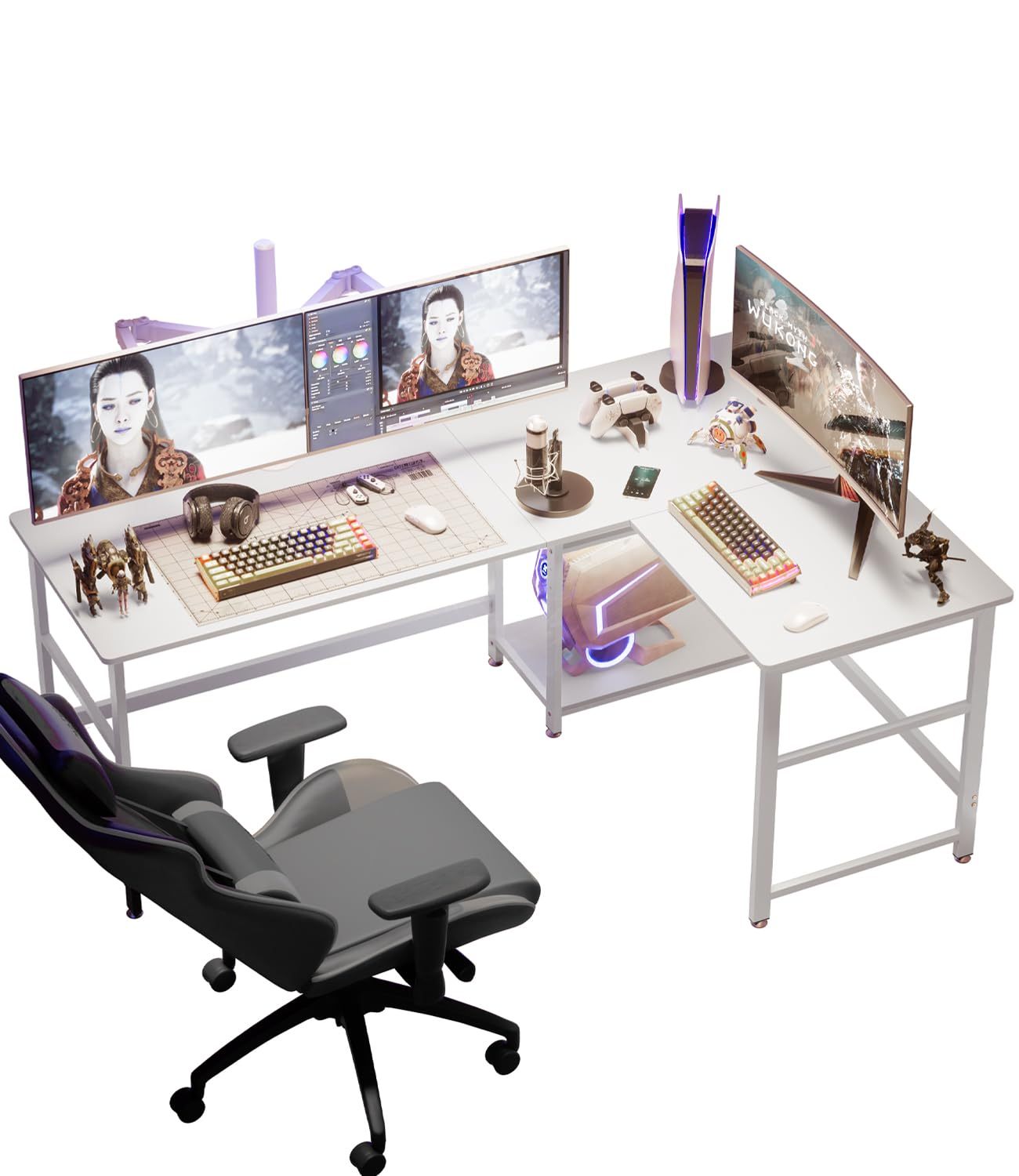 DEWEL パソコンデスク l字 幅180+120cm 奥行60㎝ 2段収納棚付き 左右交換設置可 PCデスク オフィスデスク ゲーミングデスク 高さ72㎝ テレワーク 超ワイド天板 省スペース 棚高さ調整可能 傷・汚れ・水分・熱に強い 180+120X60X72cm