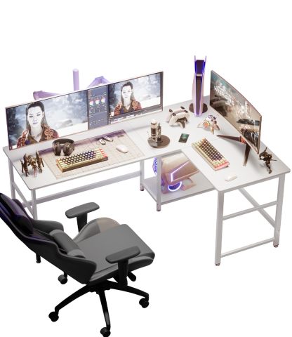 DEWEL パソコンデスク l字 幅180+120cm 奥行60㎝ 2段収納棚付き 左右交換設置可 PCデスク オフィスデスク ゲーミングデスク 高さ72㎝ テレワーク 超ワイド天板 省スペース 棚高さ調整可能 傷・汚れ・水分・熱に強い 180+120X60X72cm