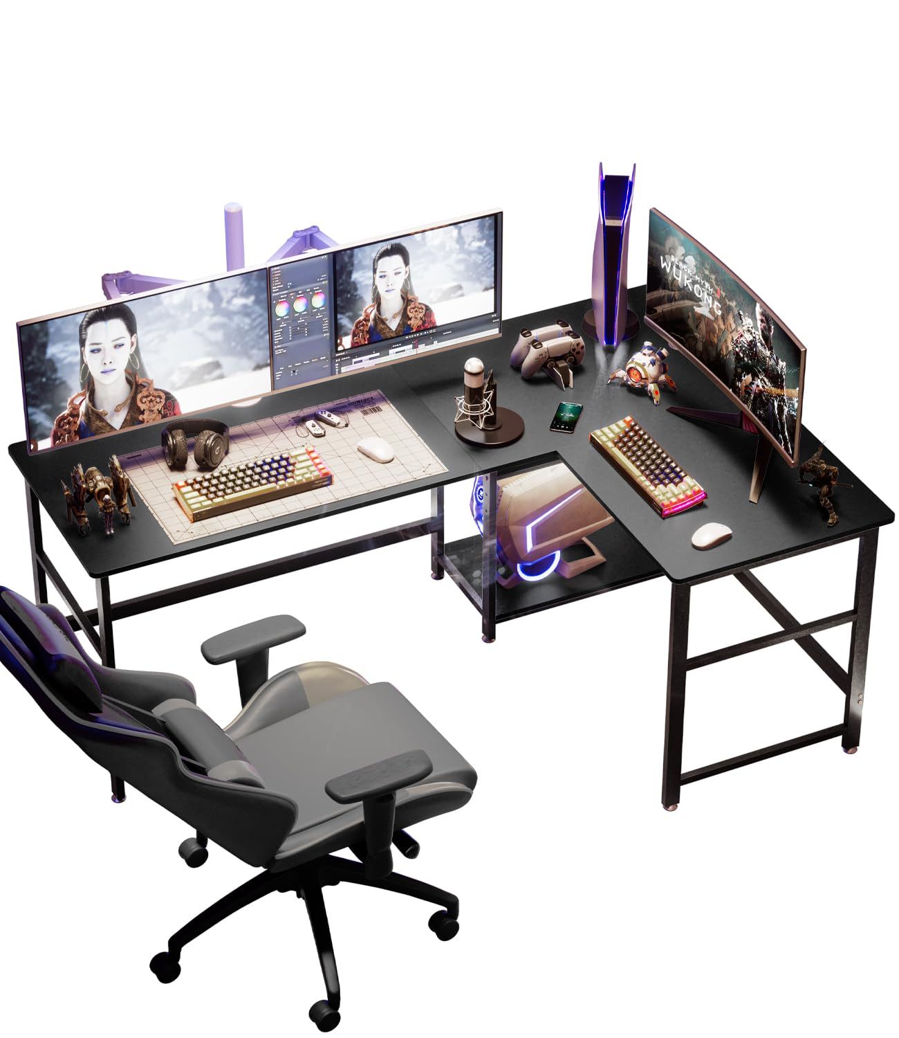 DEWEL パソコンデスク l字 幅180+120cm 奥行60㎝ 2段収納棚付き 左右交換設置可 PCデスク オフィスデスク ゲーミングデスク 高さ72㎝ テレワーク 超ワイド天板 省スペース 棚高さ調整可能 傷・汚れ・水分・熱に強い 180+120X60X72cm