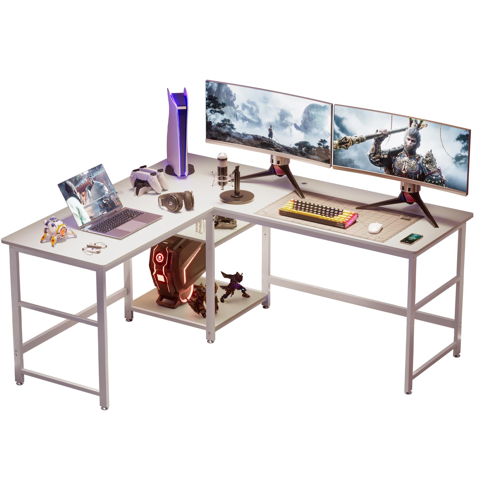 DEWEL ゲーミングデスク パソコンデスク 幅170+150cm 奥行60cm 可動収納棚付き 超ワイドL字デスク オフィスデスク PCデスク メラミン加工 グラつき防止 総耐荷重180kg コーナーデスク 4cmフレーム テレワーク 木製 170+150X60X75cm