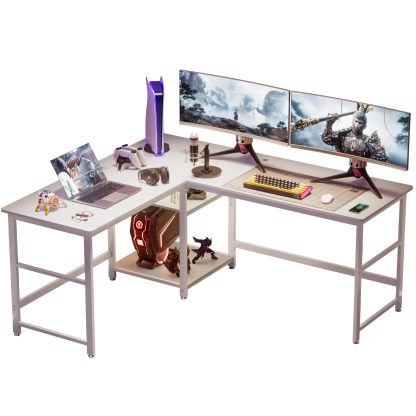 DEWEL ゲーミングデスク パソコンデスク 幅170+150cm 奥行60cm 可動収納棚付き 超ワイドL字デスク オフィスデスク PCデスク メラミン加工 グラつき防止 総耐荷重180kg コーナーデスク 4cmフレーム テレワーク 木製 170+150X60X75cm