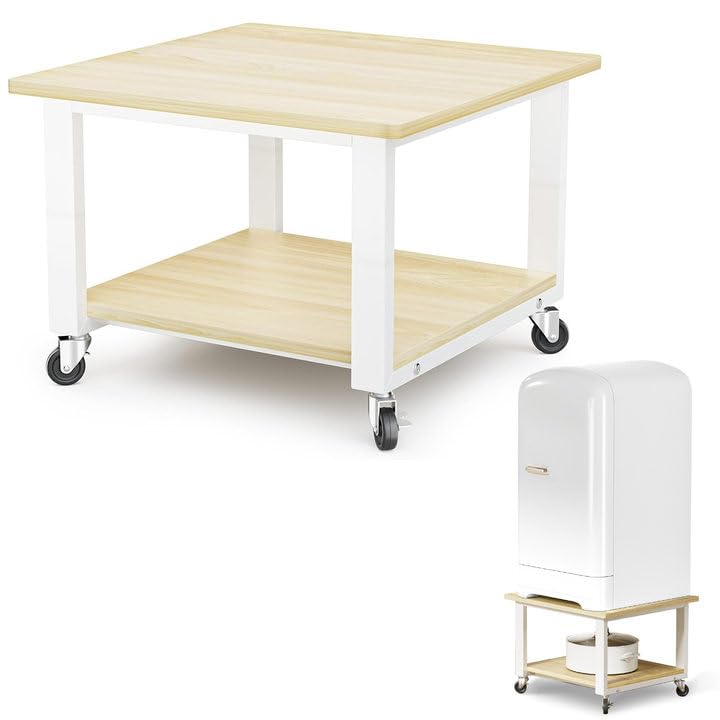 DEWEL プリンター台 洗濯機 台 冷蔵庫用置き台 レンジ台 2段 奥行50cm 幅50cm 高35cm キャスター付き 移動便利 プリンターラック 収納 木製 プリンターワゴン 机上ラック プリンターカート 机上台/机下台 オフィス/ホーム収納用 デスクワゴン