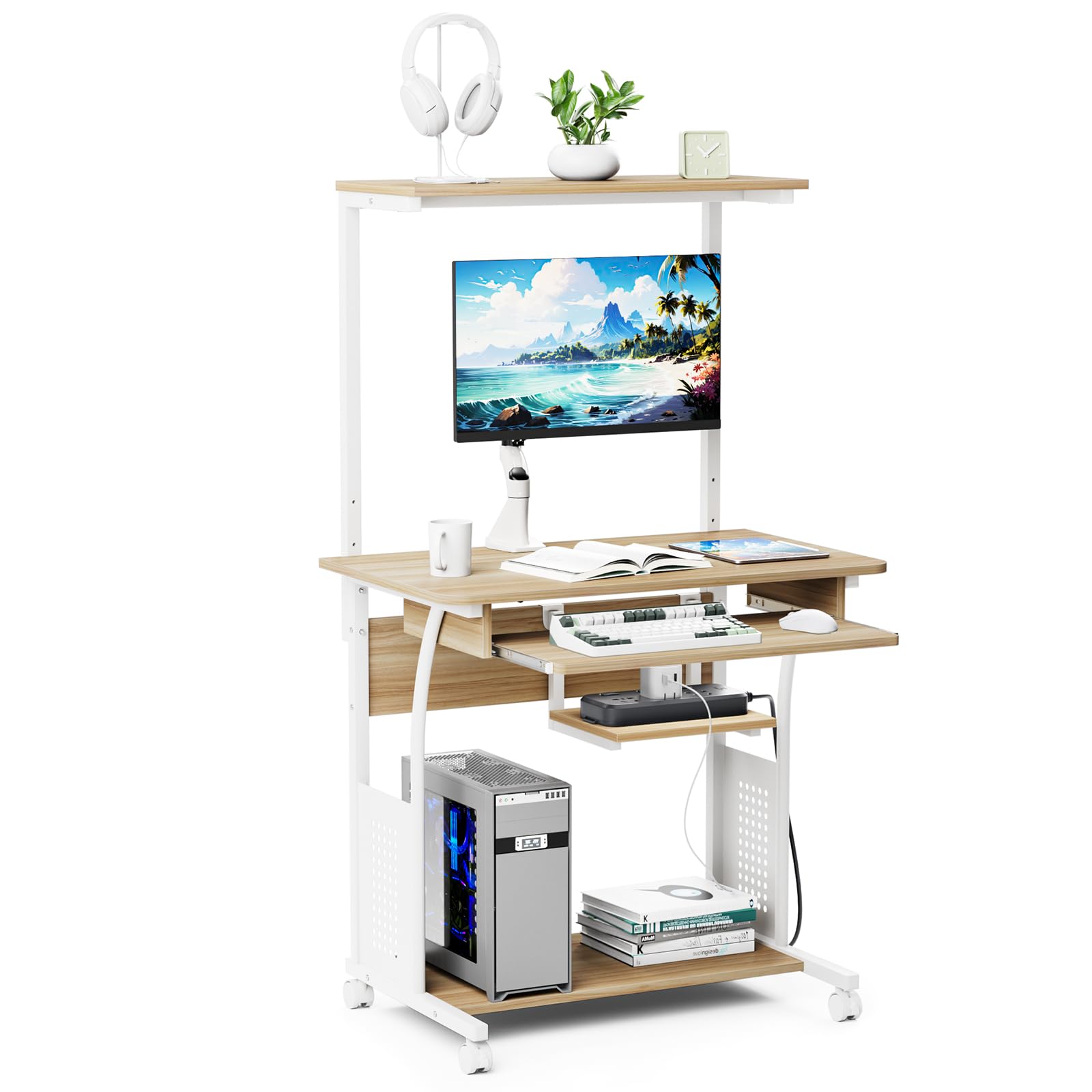 DEWEL パソコンデスク 机 pcデスク パソコンラック 収納ラック付き 木製 テーブル 木目柄 キャスター キーボードテーブル付き PCラック 省スペース シンプル メラミン加工 ワークデスク学習机 80X50X135cm