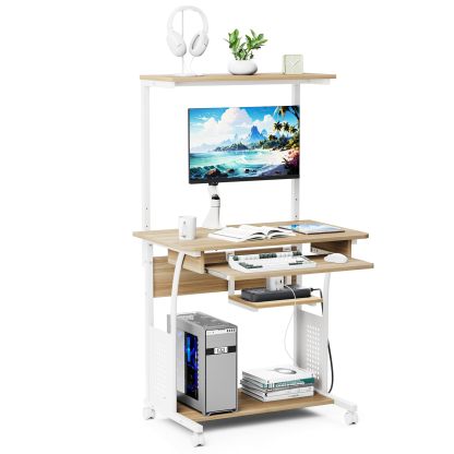 DEWEL パソコンデスク 机 pcデスク パソコンラック 収納ラック付き 木製 テーブル 木目柄 キャスター キーボードテーブル付き PCラック 省スペース シンプル メラミン加工 ワークデスク学習机 80X50X135cm