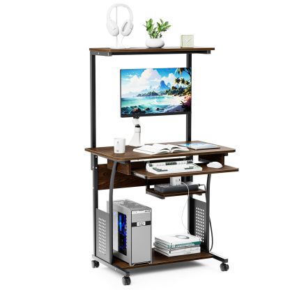 DEWEL パソコンデスク 机 pcデスク パソコンラック 収納ラック付き 木製 テーブル 木目柄 キャスター キーボードテーブル付き PCラック 省スペース シンプル メラミン加工 ワークデスク学習机 80X50X135cm