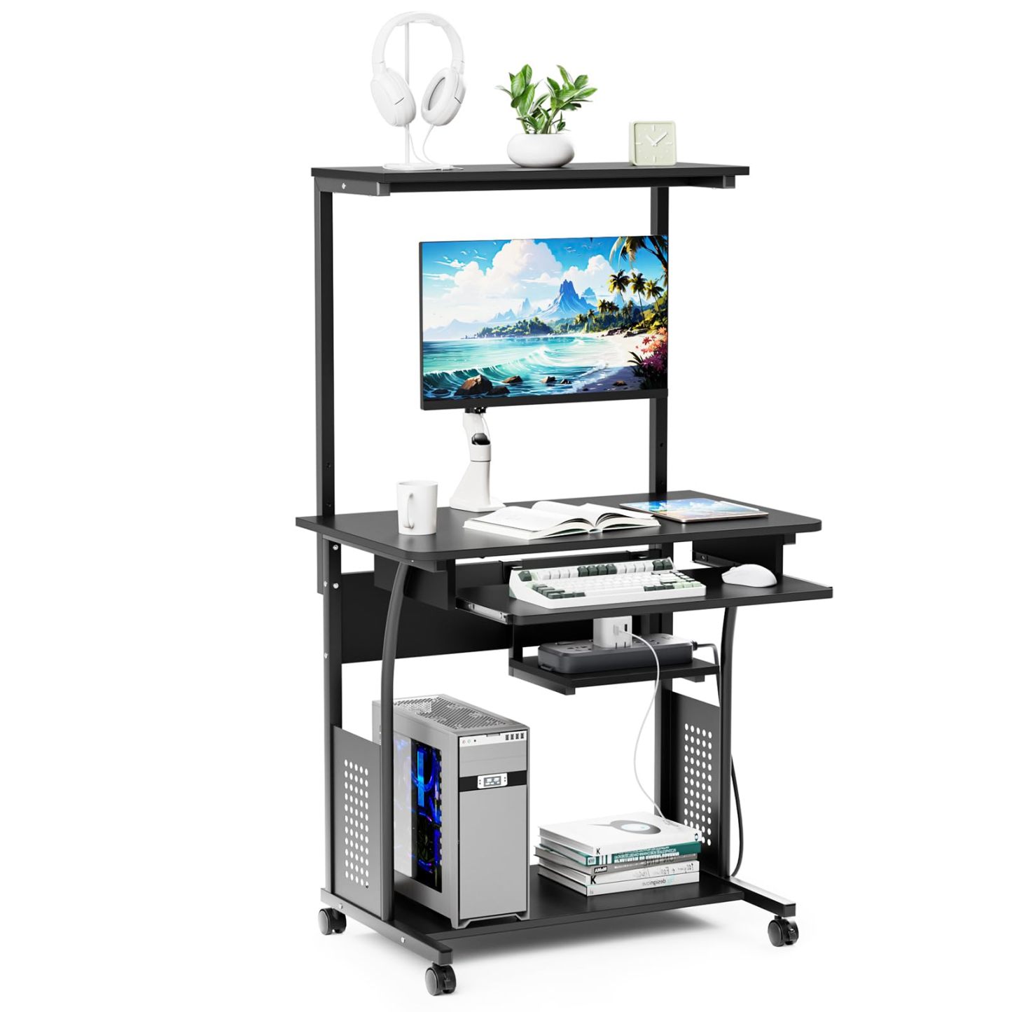 DEWEL パソコンデスク 机 pcデスク パソコンラック 収納ラック付き 木製 テーブル 木目柄 キャスター キーボードテーブル付き PCラック 省スペース シンプル メラミン加工 ワークデスク学習机 80X50X135cm